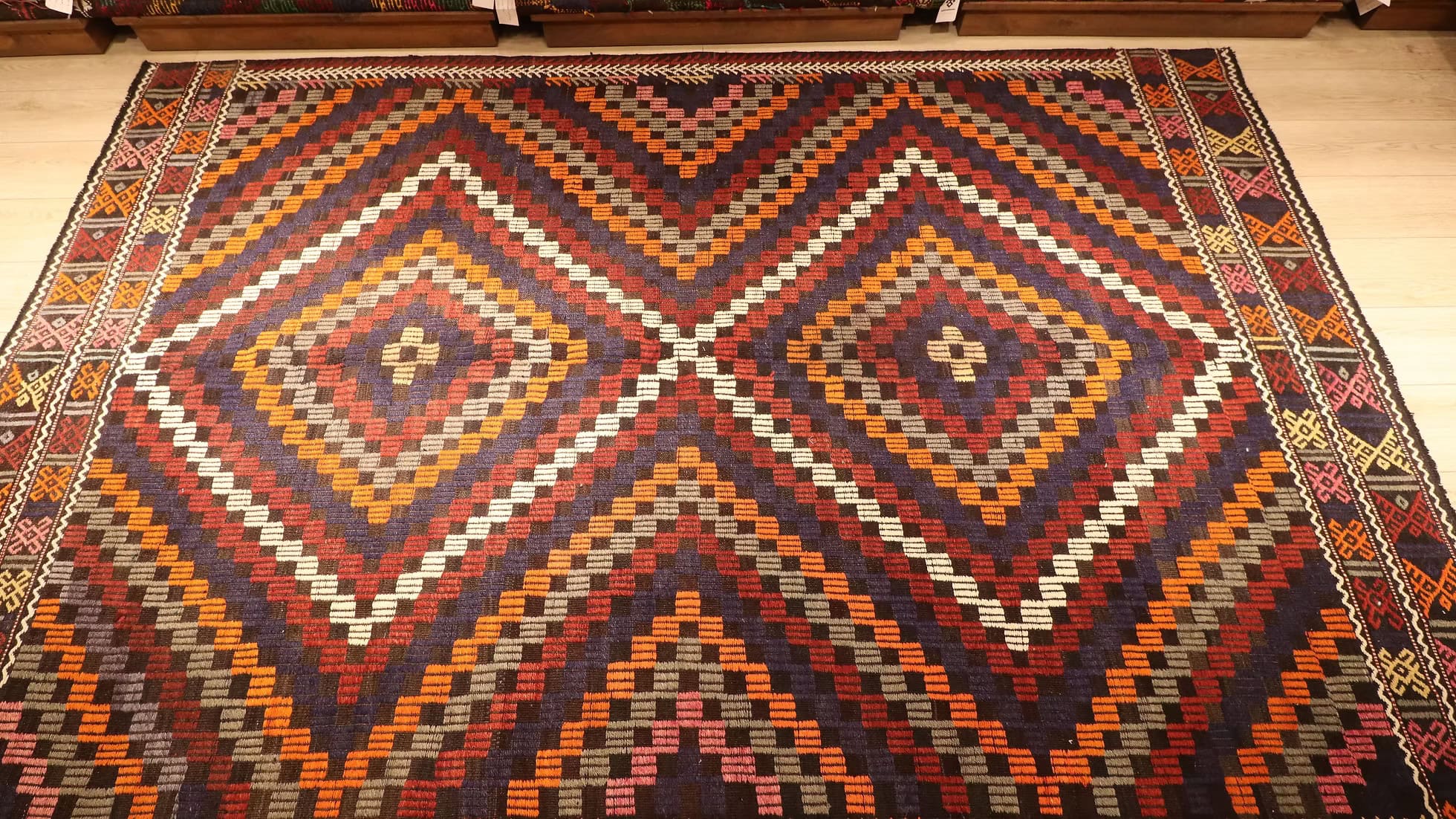 Handpicked Kilim Couture New York Mid-Century Cecim rug, 6x10, featuring embroidered diamond motifs and rustic-chic Anatolian design.