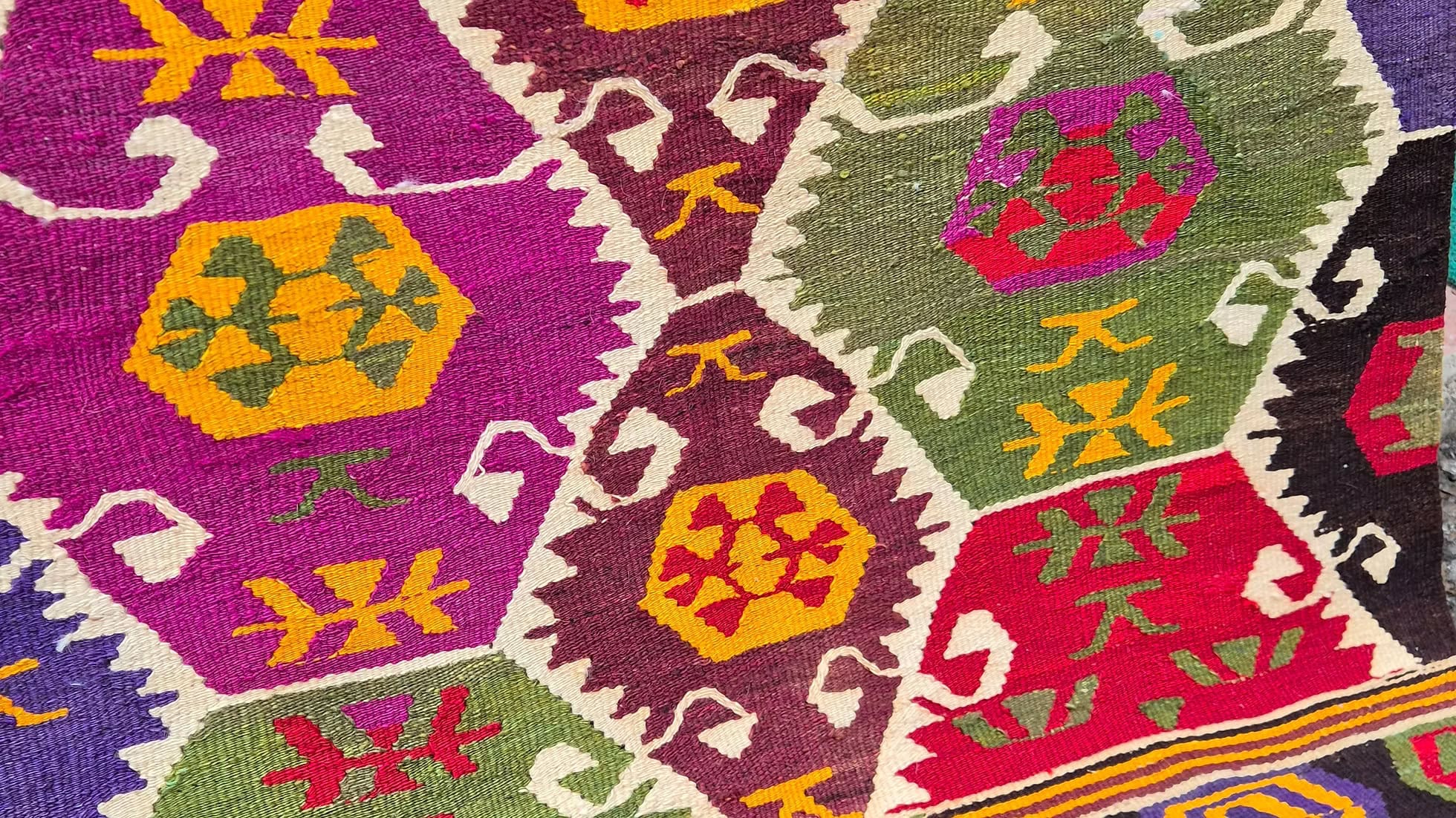Small collectible Turkish flat-weave with stepped diamond motifs in vivid wool dyes ideal for entryways