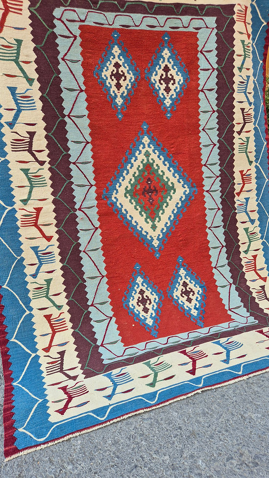 Authentic vintage Oushak flat-weave rug with rich traditional motifs and warm color palette