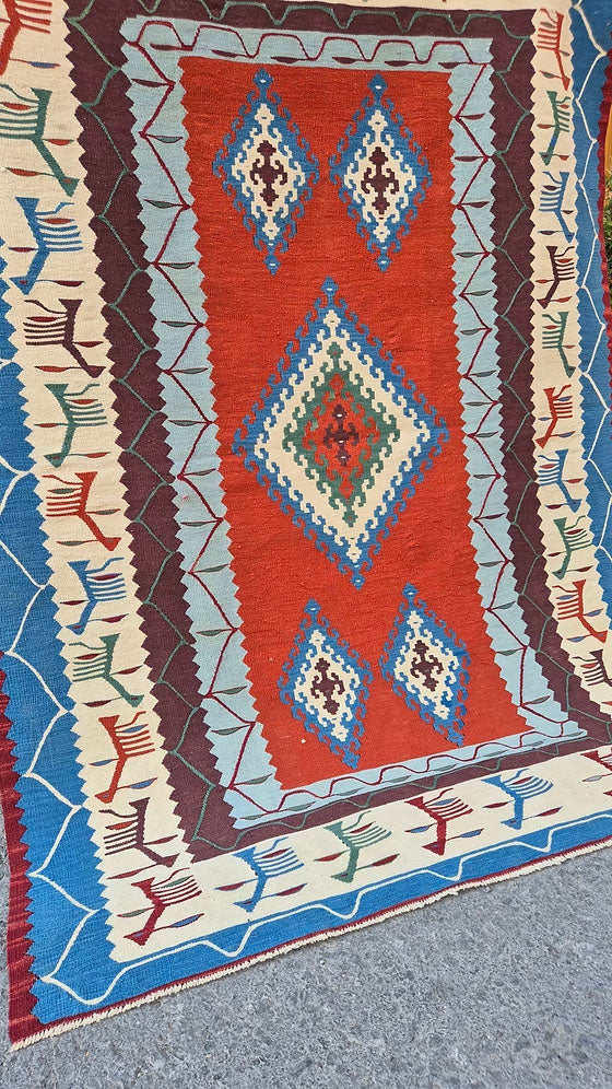 Authentic vintage Oushak flat-weave rug with rich traditional motifs and warm color palette
