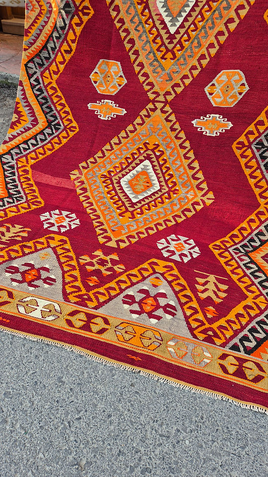 One-of-a-kind vintage Turkish kilim rug with geometric diamond pattern and tribal motifs
