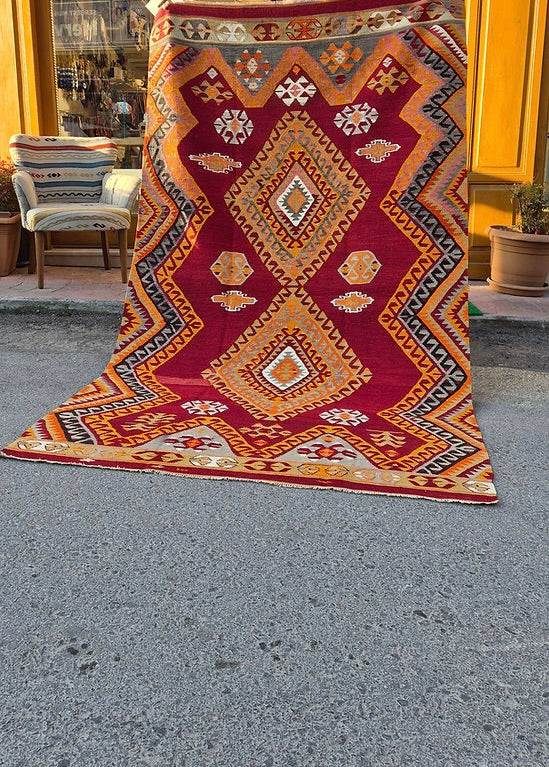 Designer-selected vintage Turkish kilim rug with primitive modern geometry and rich wool texture