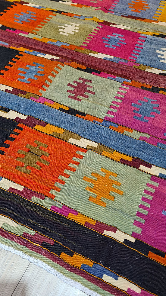 Colorful Turkish Flat-Woven Wool Rug, perfect for eclectic interior design projects