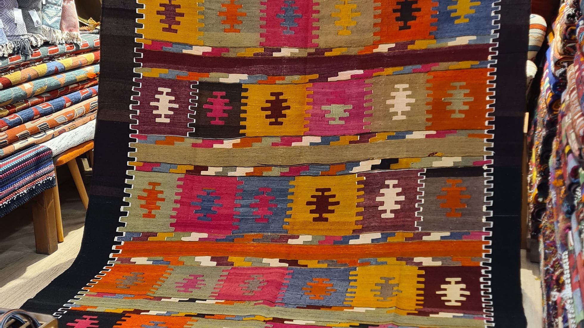 Sivas Mid-Century Modern Kilim with Comb Motifs in Black Cherry / Blue Fig / Truffle Black / Wild Hibiscus / Sage