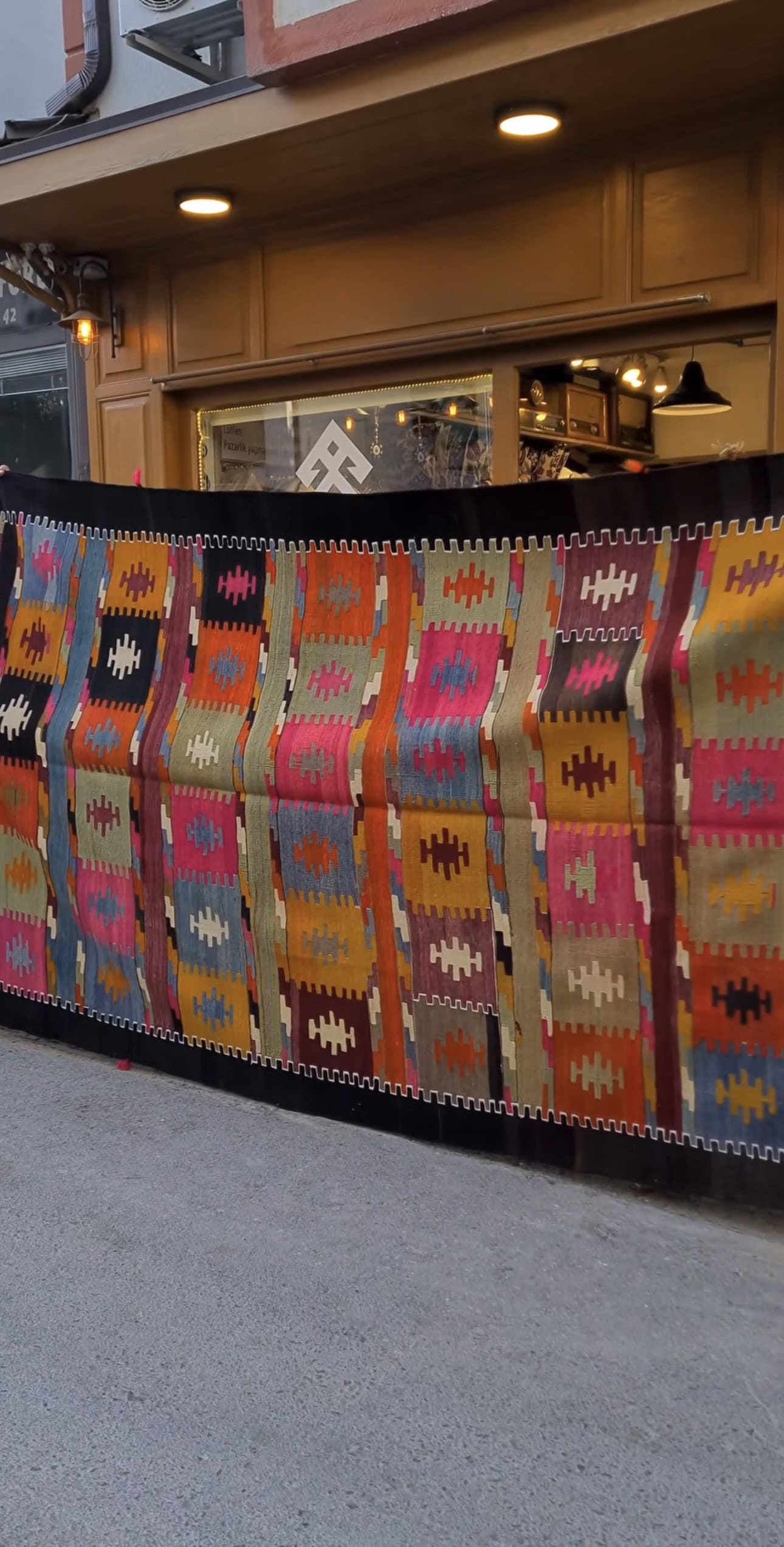 Sivas Mid-Century Modern Kilim with Comb Motifs in Black Cherry / Blue Fig / Truffle Black / Wild Hibiscus / Sage
