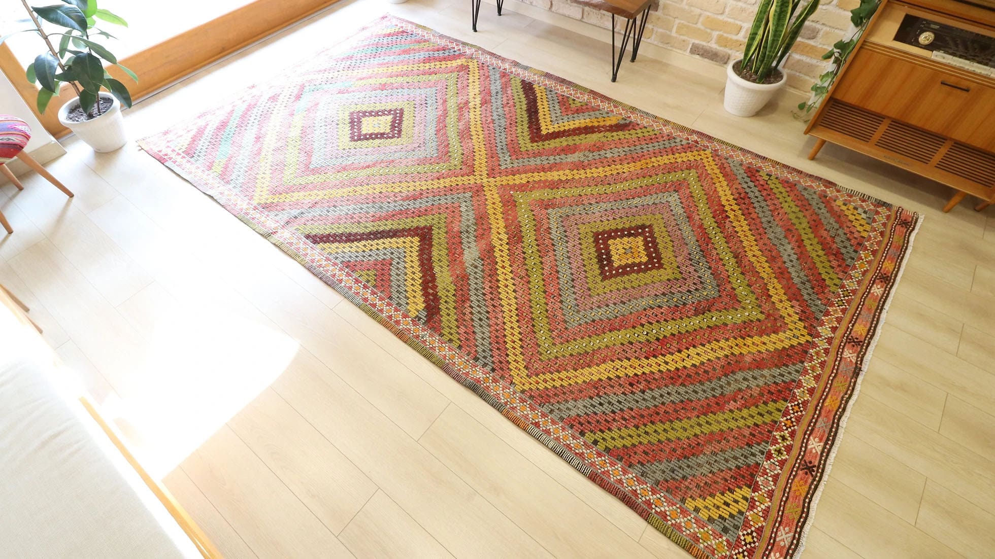 Vintage Turkish Handwoven Soumak Neutral Kilim in Rustic Pastel Tones