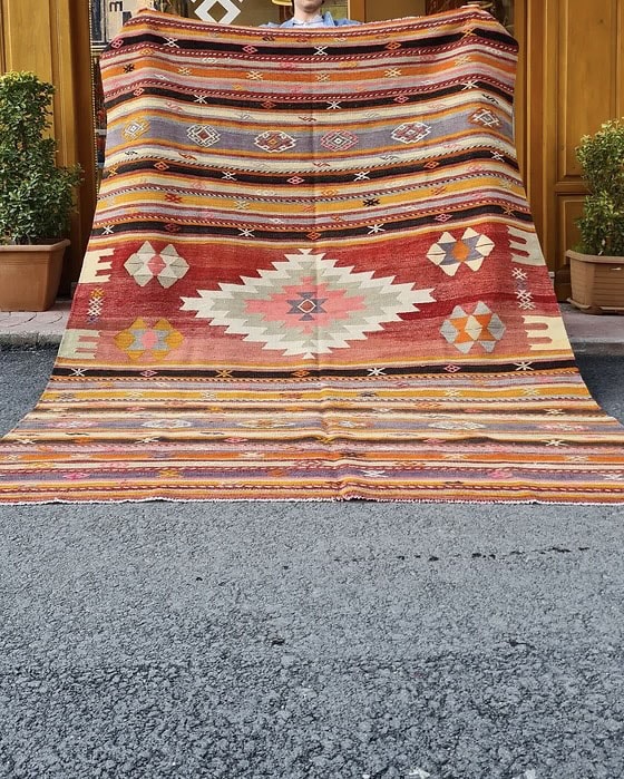 Authentic Tribal Kilim Rug in Red, Pink, Orange from Turkey