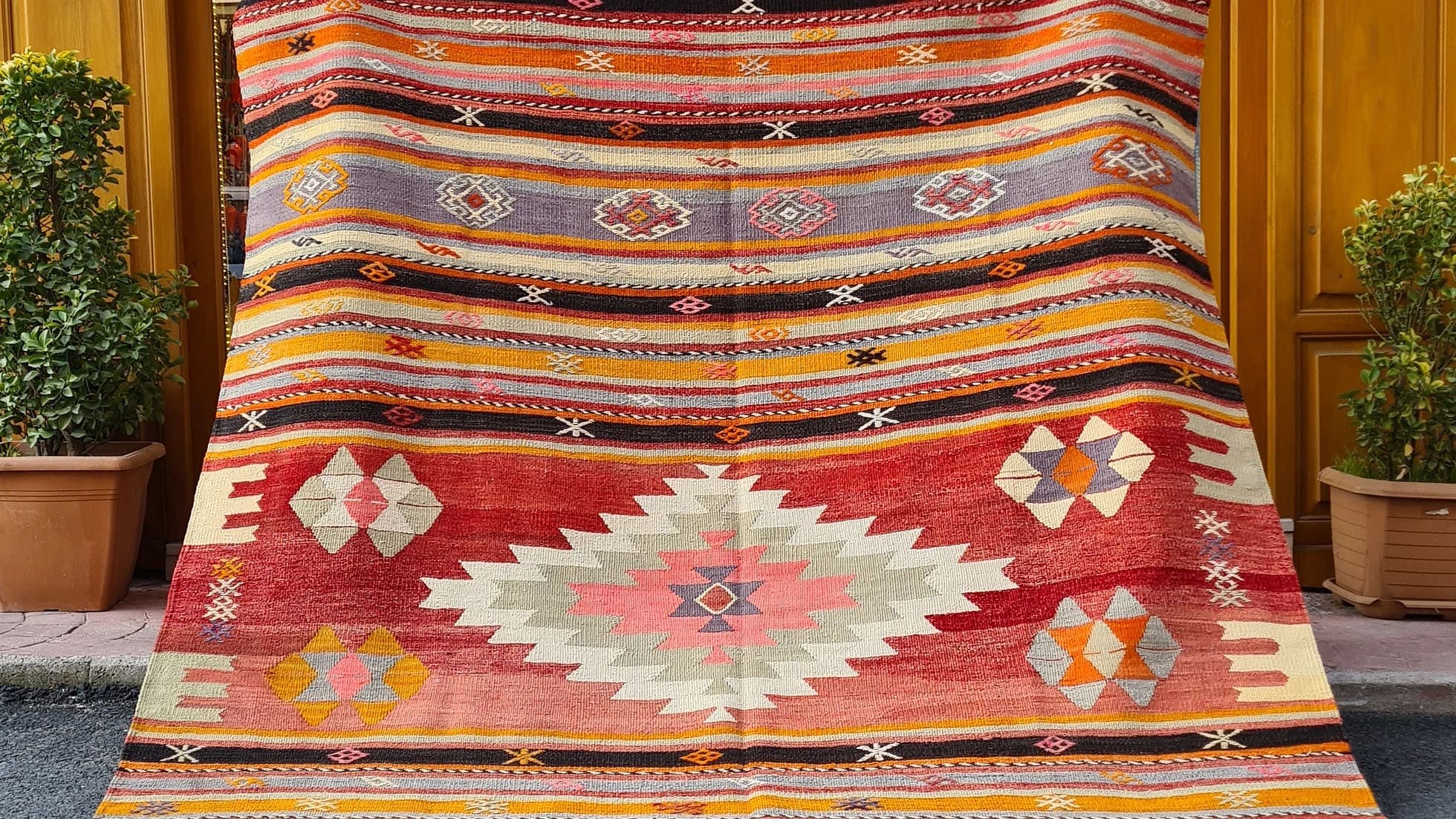 Sivas Semi-Antique Turkish Kilim in Red, Salmon, Cream by Kilim Couture NYC Rug Store