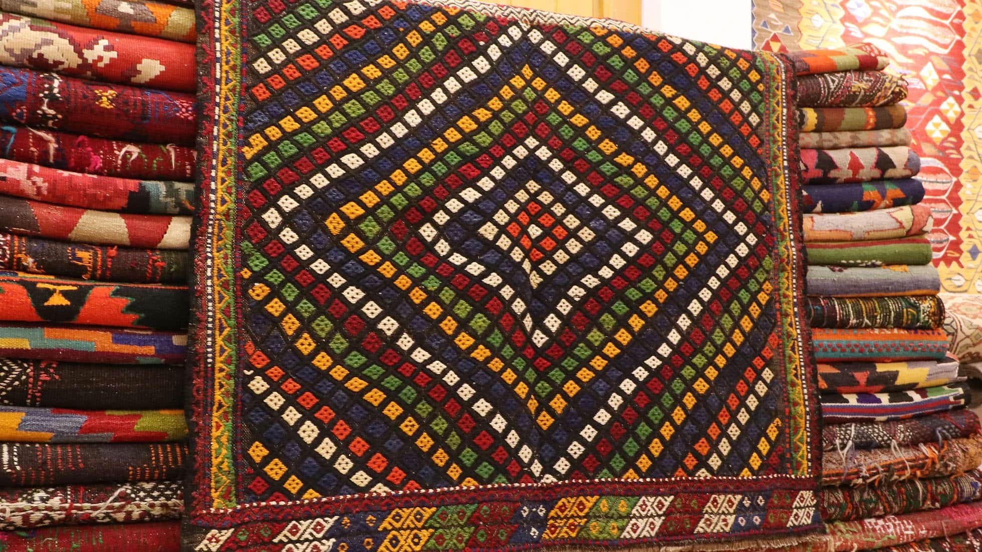 a precious mid-century tribal Kurdish flat-weave rug from Sivas, Turkey for small areas in many colors