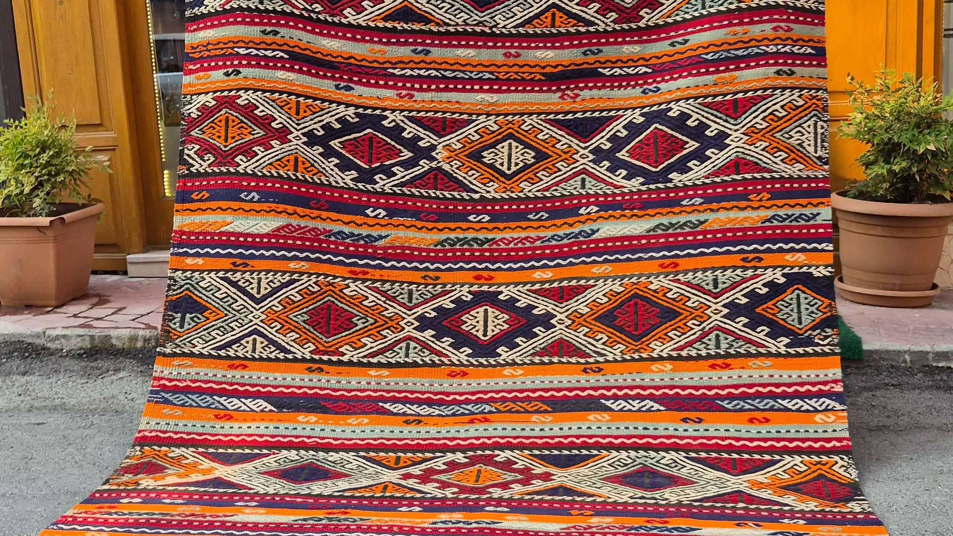 Textural Turkish large area rug measuring 6x9, ideal for modern organic, rustic and bohemian interiors.