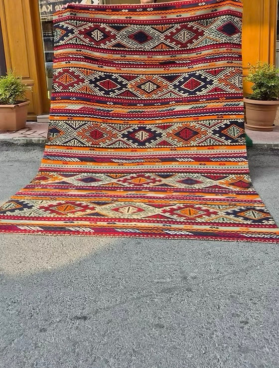 Textural Turkish large area rug measuring 6x9, ideal for modern organic, rustic and bohemian interiors.