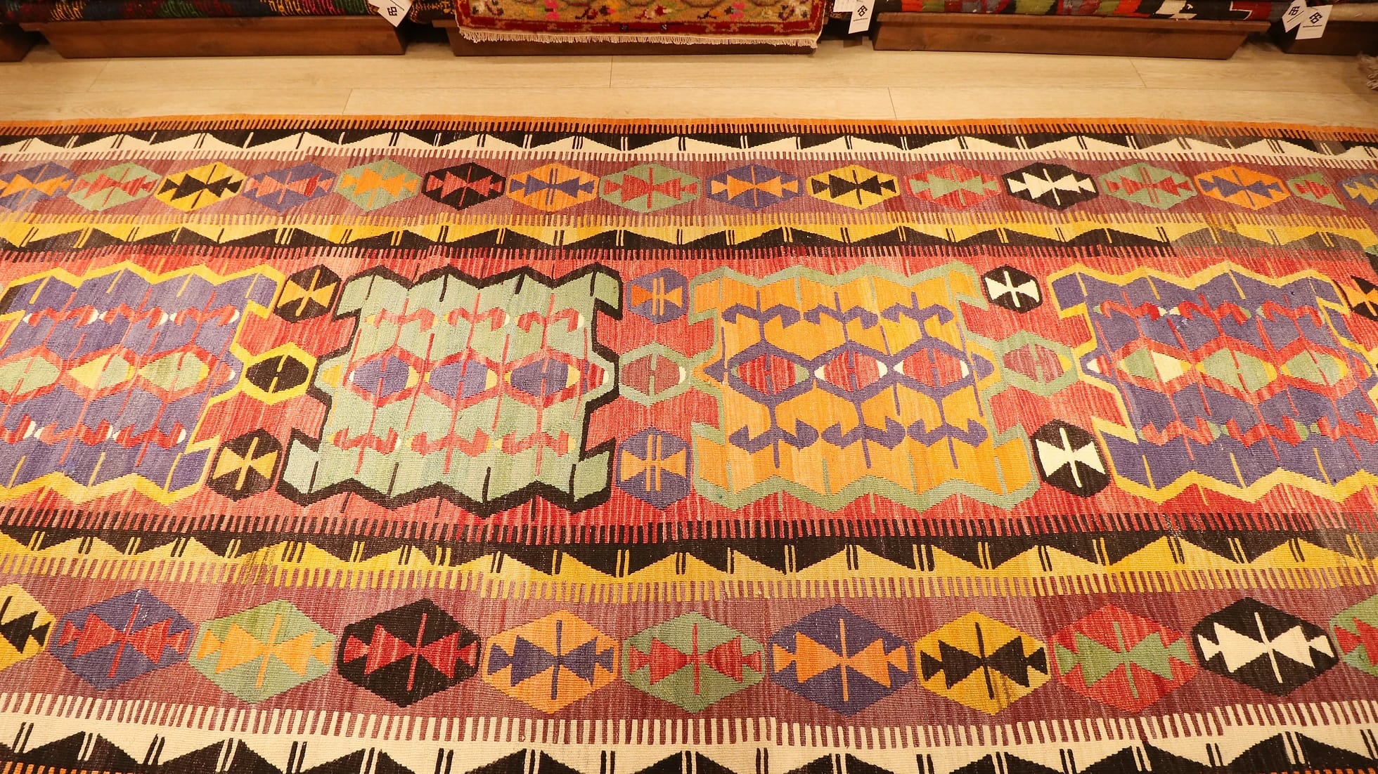 Vintage Turkish Handwoven Muted Flat-Woven Runner Rug in pastel tones