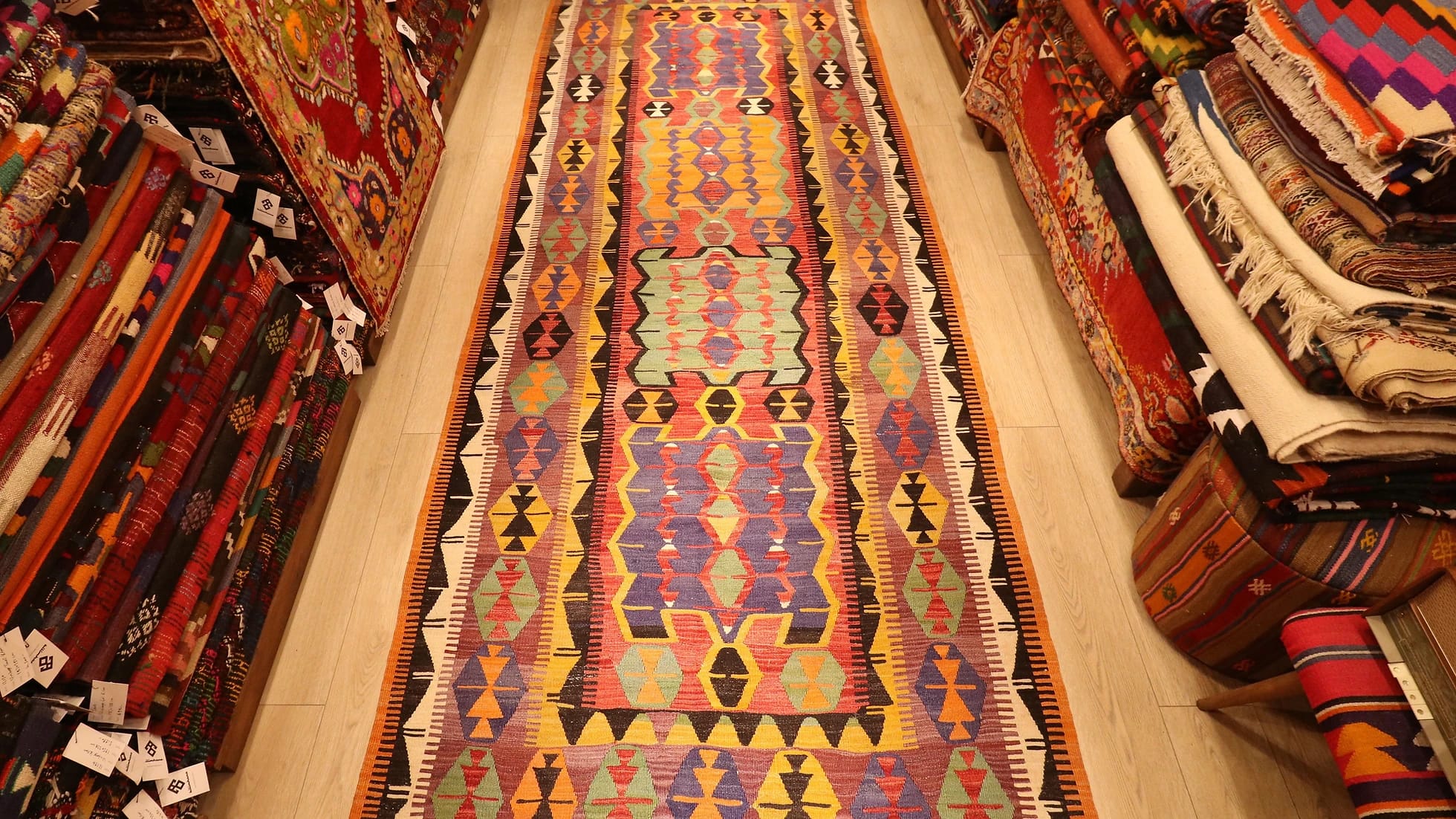 Vintage Turkish Handwoven Muted Flat-Woven Runner Rug in pastel tones
