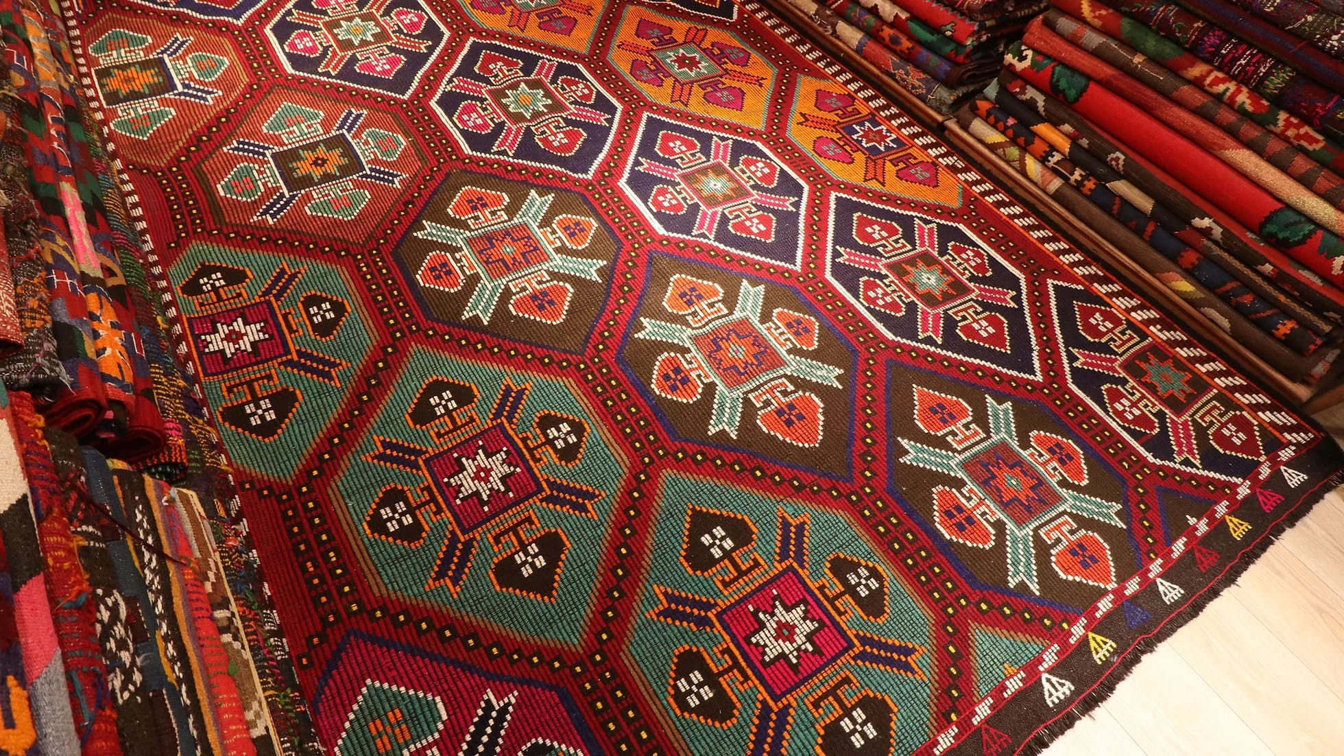vintage traditional Cecim Kilim wool Rug with medallion motifs
