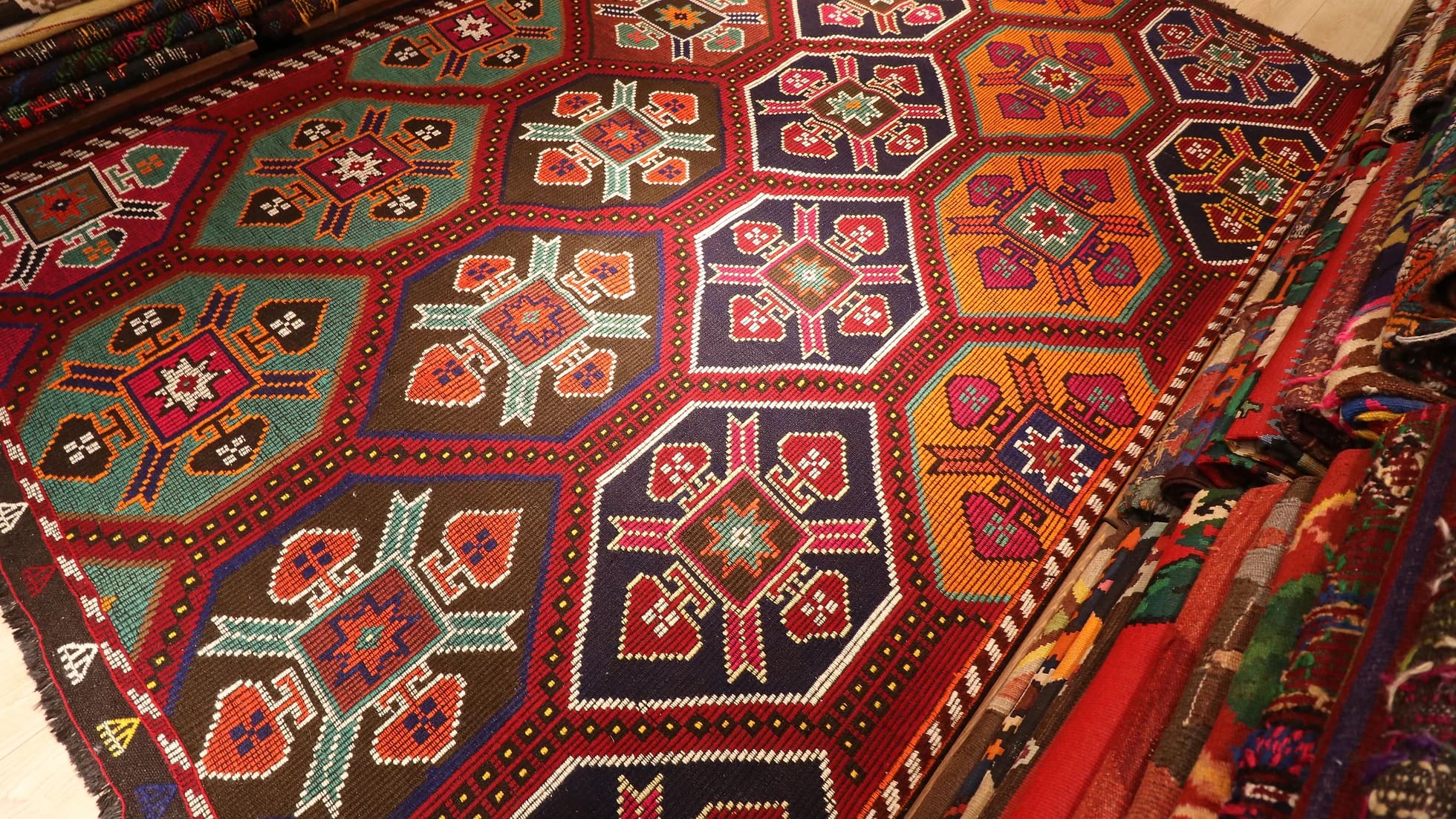 vintage traditional Cecim Kilim wool Rug with medallion motifs