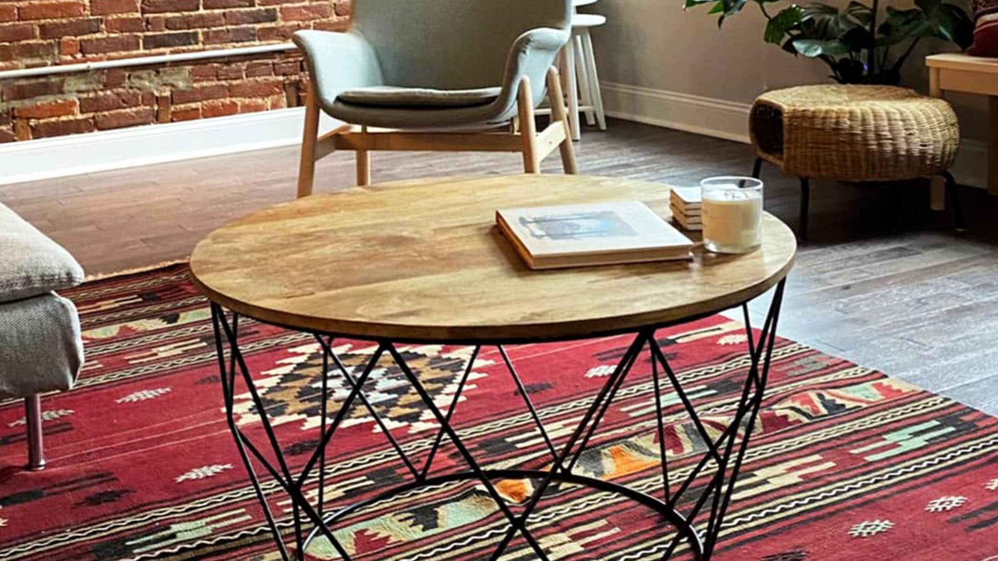 a beautiful red oriental Turkish kilim rug from mid-century era is displayed in Manhattan, New York apartment from Kilim Couture's vintage rug collection