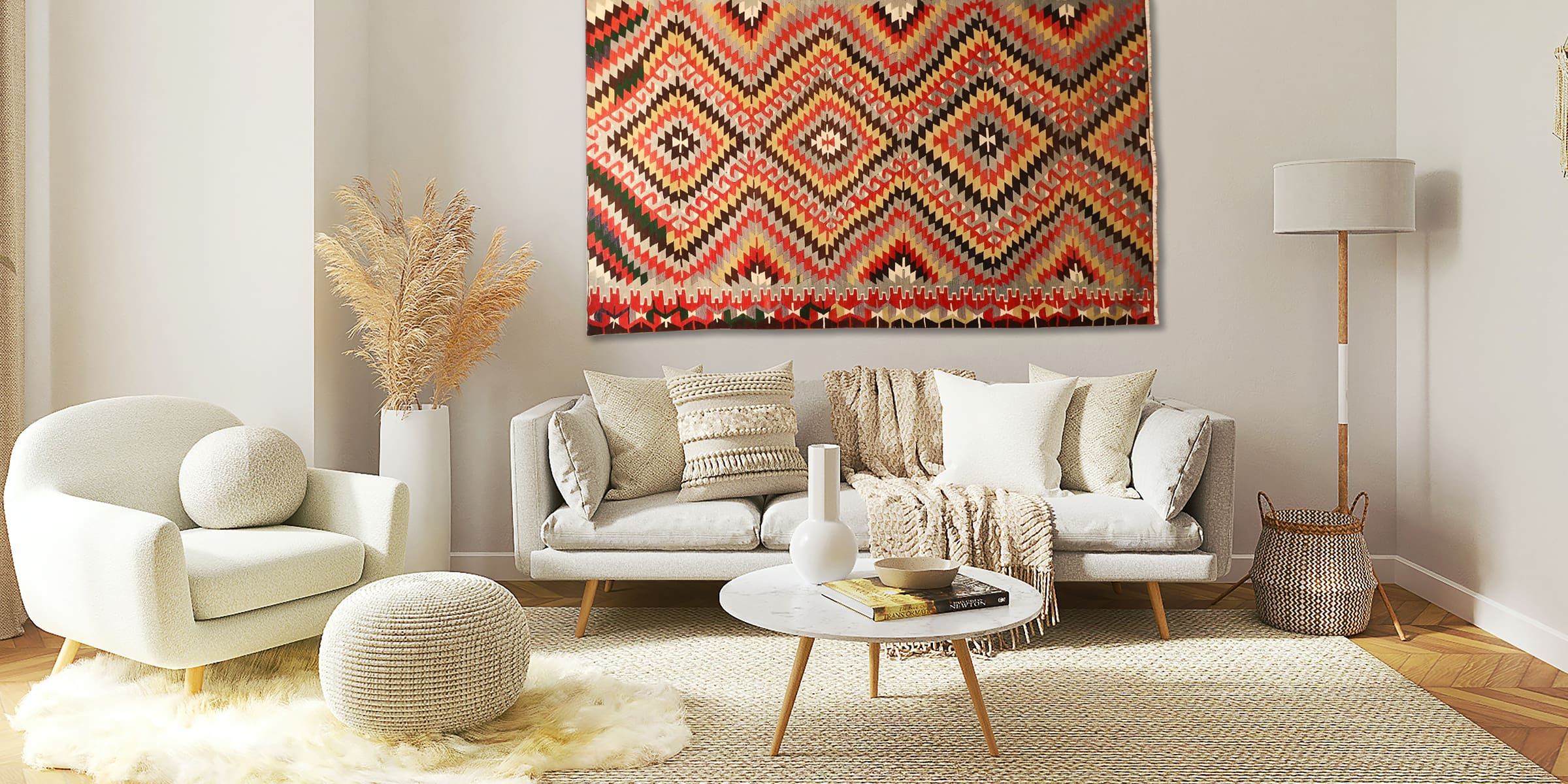 a Vintage Turkish Tribal Kilim Rug on the wall perfectly complements modern and minimal scandinav living room interior design