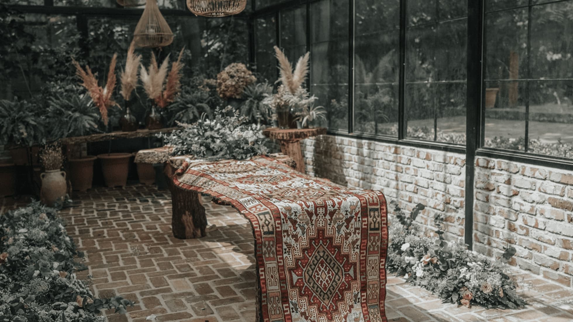 Vintage rug on the table in a patio