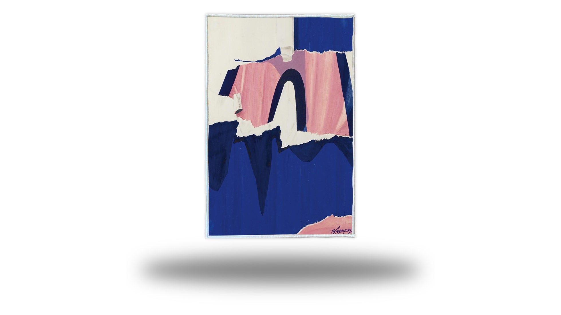 abstract geometric art rug in ivory, navy and pastel pink with 3D look