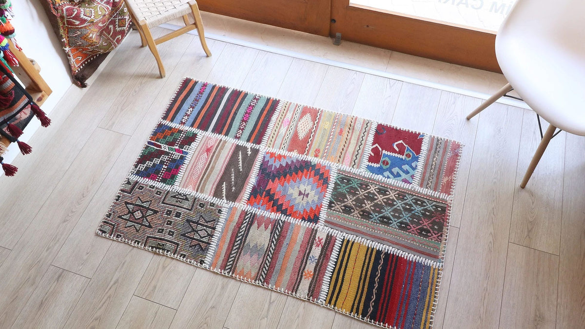 Antique Turkish Patchwork Kilim Rug in Polychromatic Patterns