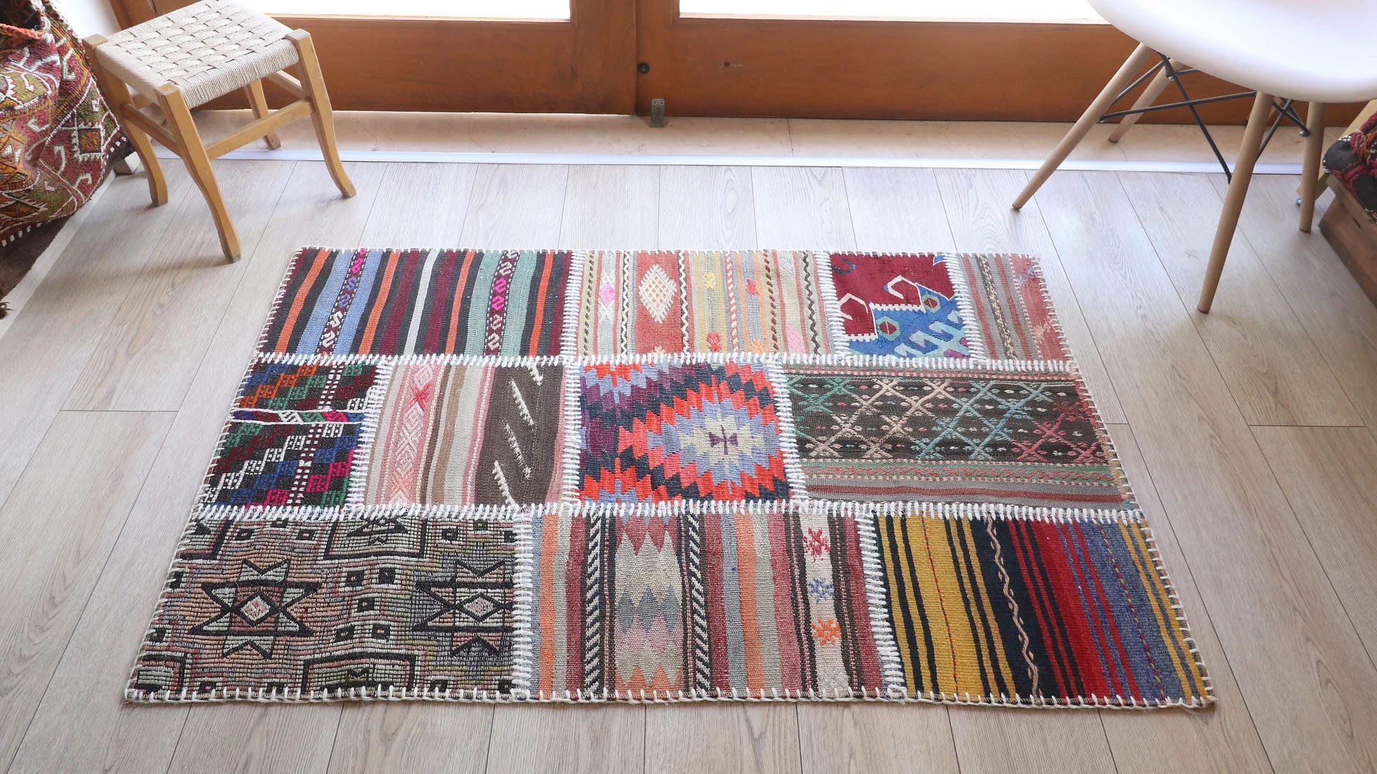 antique tribal kelim rug in polychromatic pattern and colors