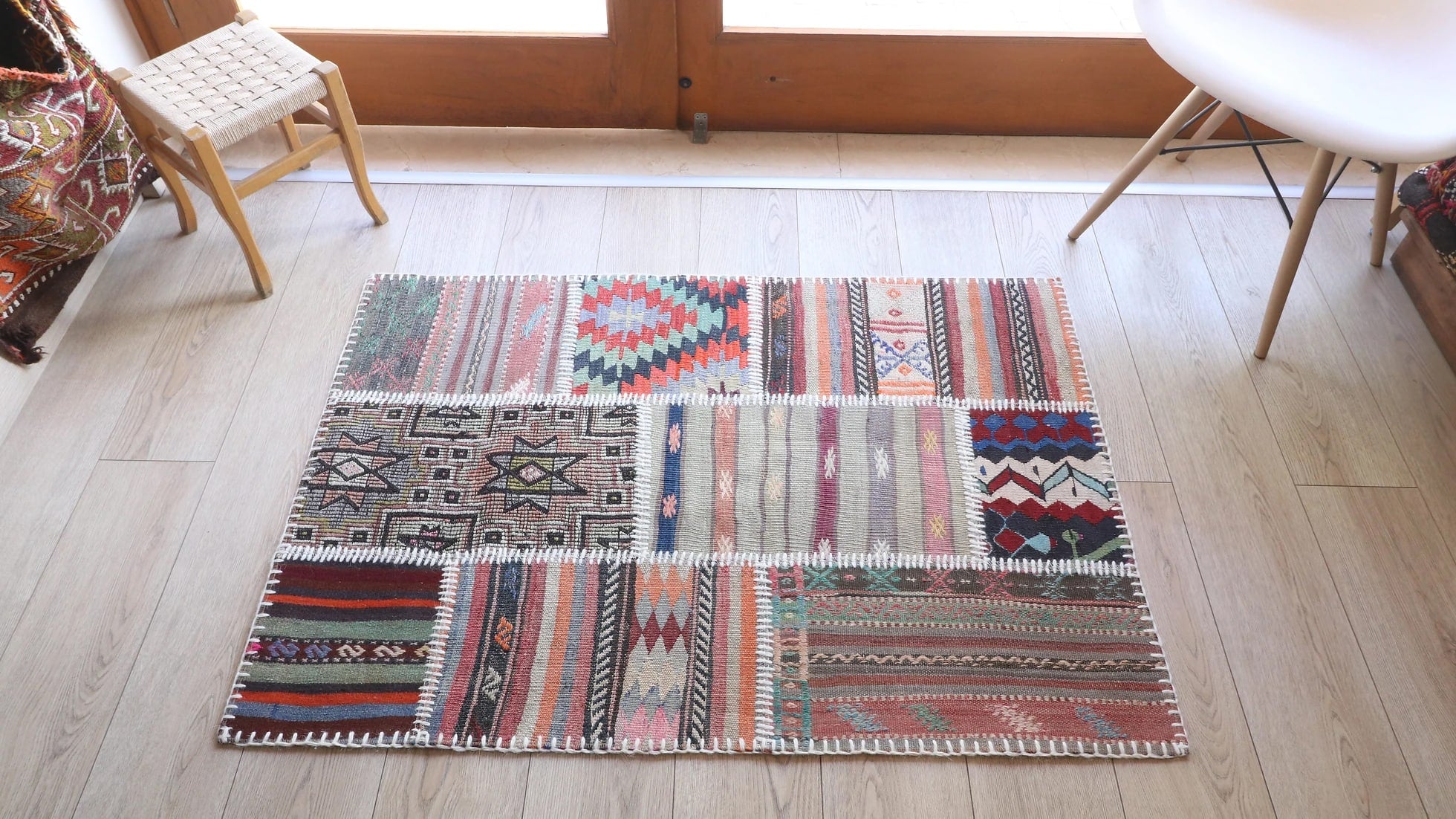 antique handwoven turkish flat-woven rug with traditional motifs