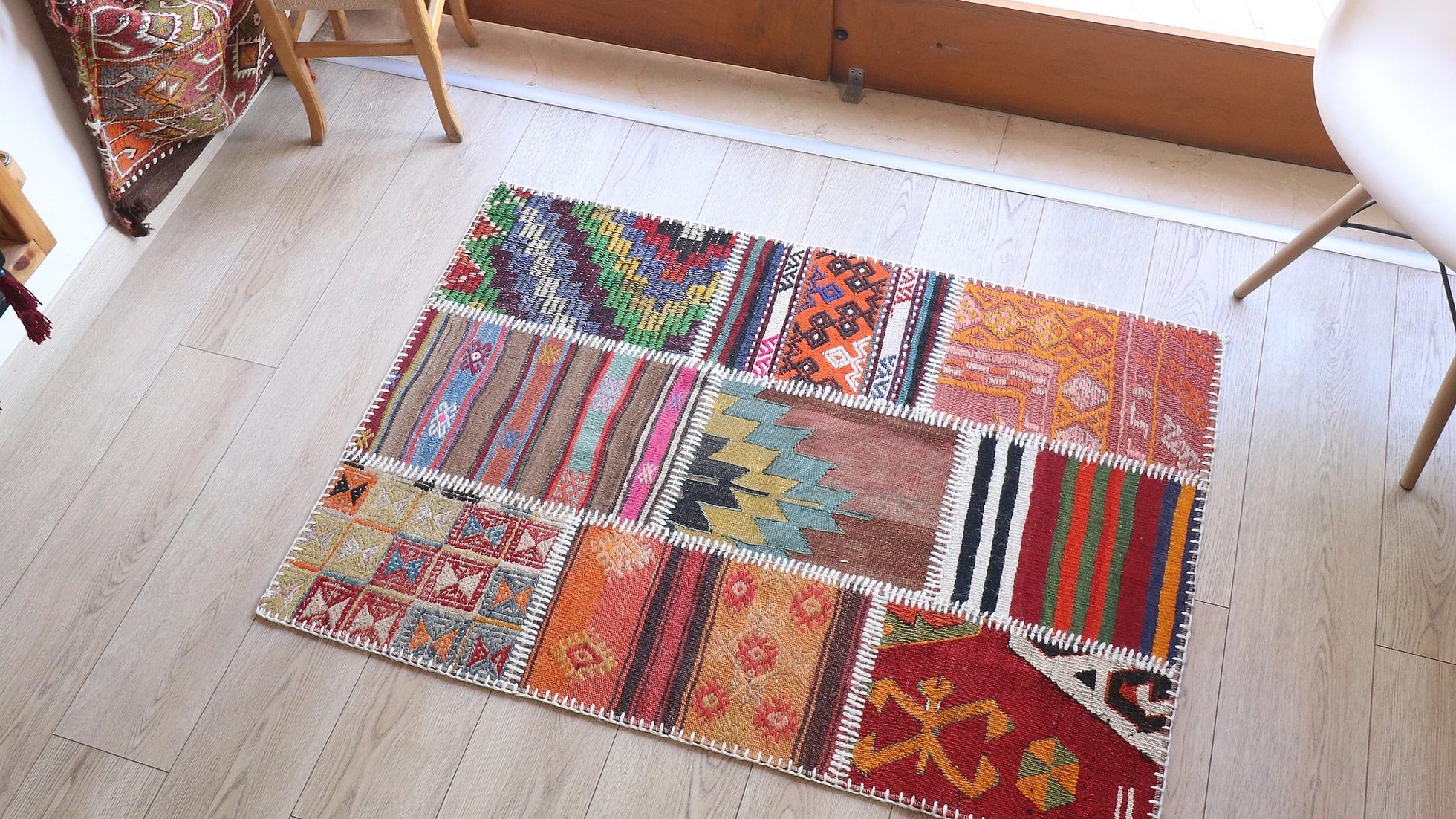 gorgeous antique Anatolian patchwork kilim rug made of pieces taken from various flat-weaves