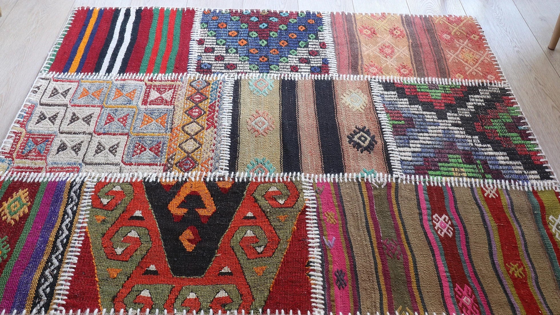 bohemian mid-century Turkish small quilt with tribal motifs