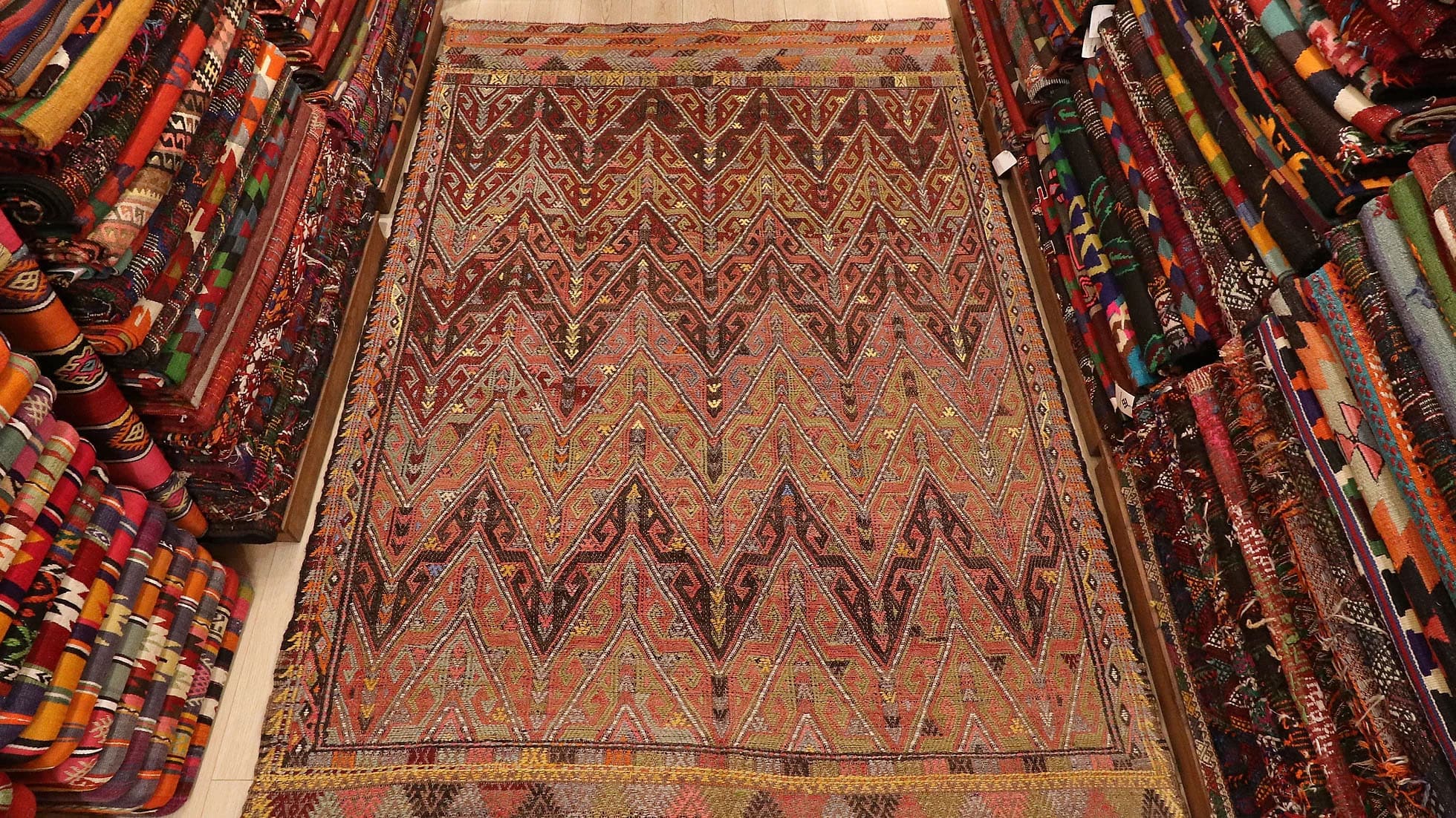 vintage oriental cicim kilim rug in taupe, red, khaki