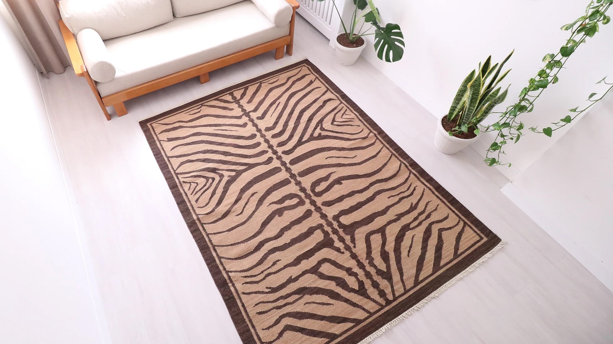 zebra animal print hand-knotted abstract Turkish kilim rug in brown