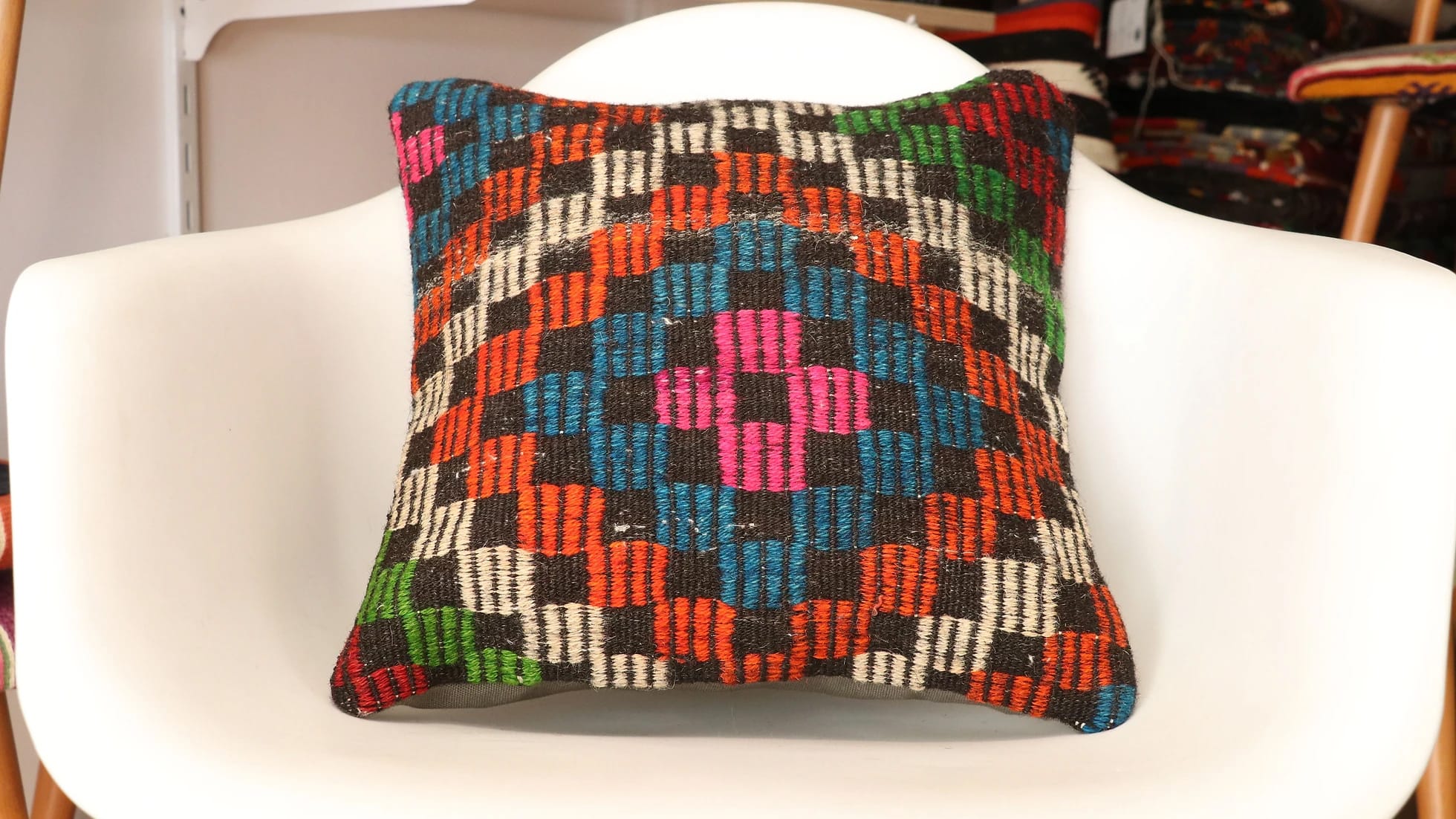 vintage handcrafted tribal kilim upholstered cushion cover in bold colors