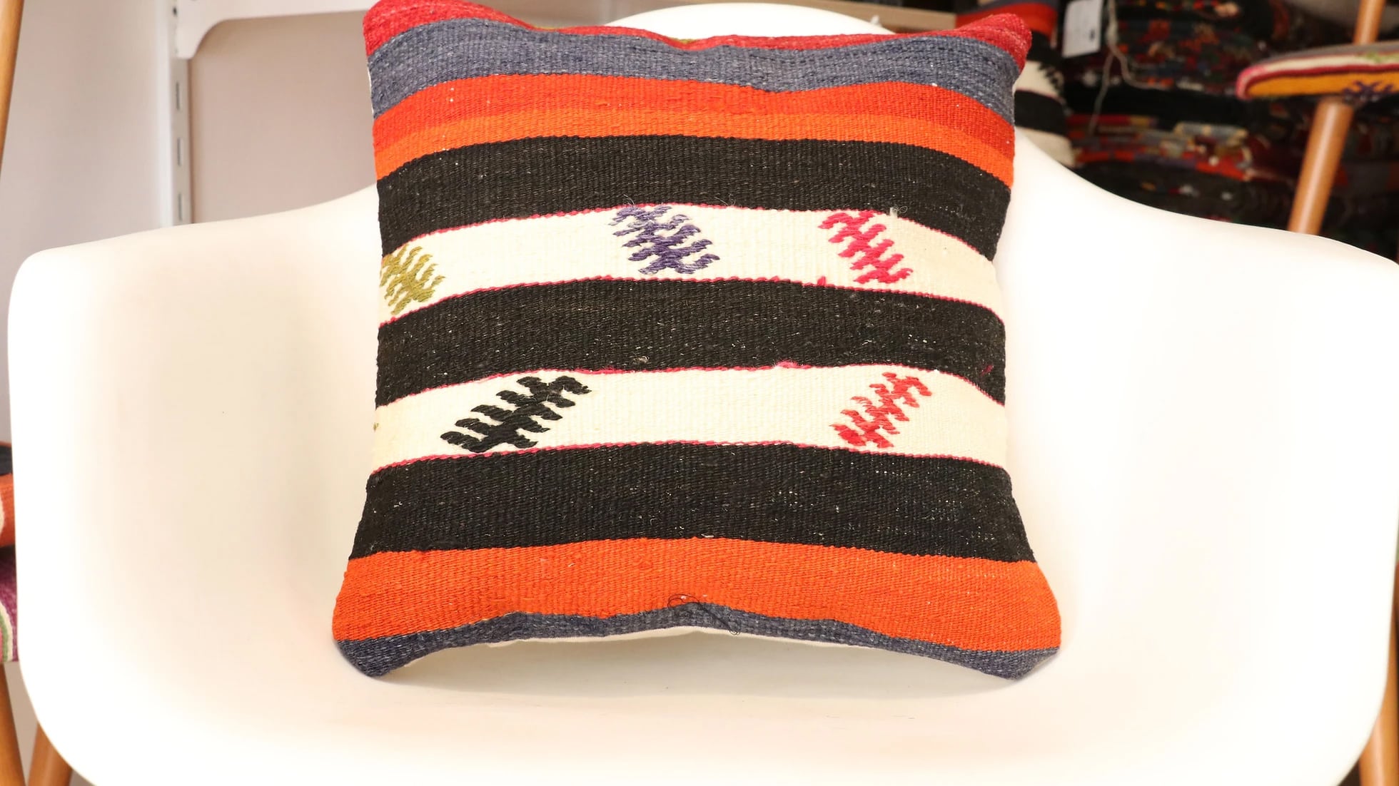 Vintage Handwoven Kilim Pillow in Black and White Stripes
