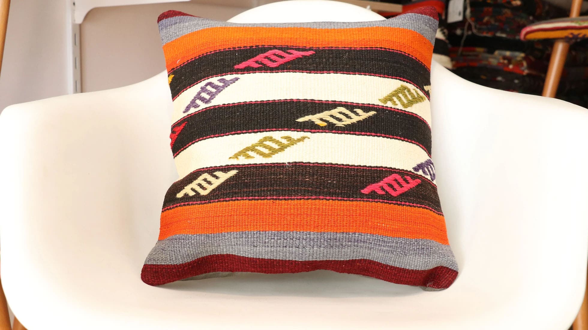 Vintage Rustic Kilim Cushion with Colorful Stripes and Motifs by Kilim Couture NYC Rug Store