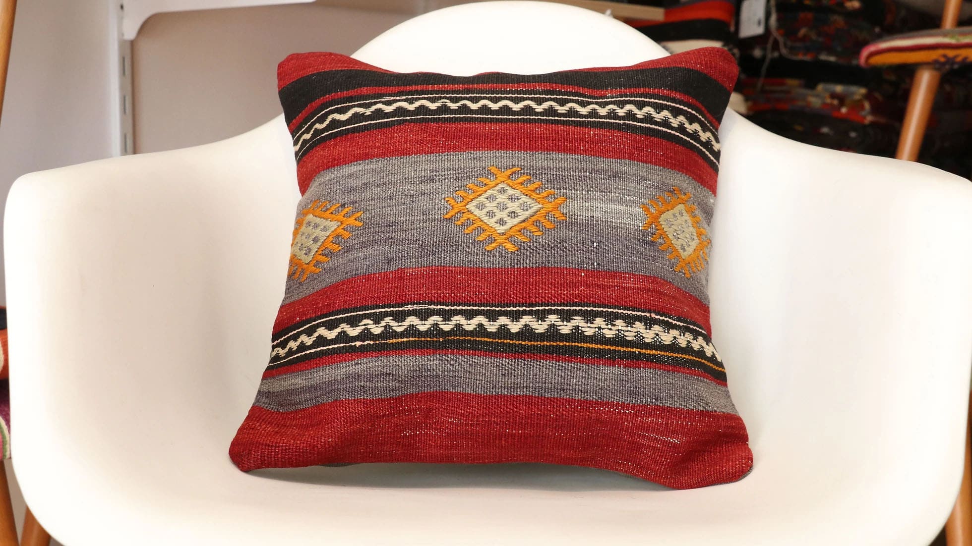 Vintage Muted Rustic Kilim Pillow in Crimson / Gray / Saffron