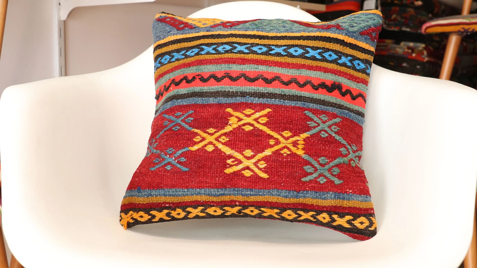 Vintage Handwoven Kilim Pillow in Polychromatic Tribal Motifs by Kilim Couture NYC Rug Gallery
