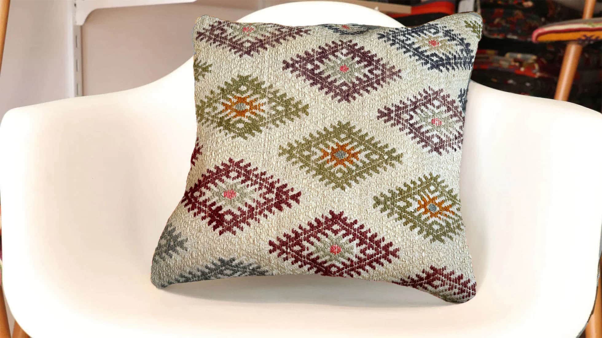 Vintage Handwoven Minimalist Kilim Pillow in Cream, Green and Red by Kilim Couture NYC