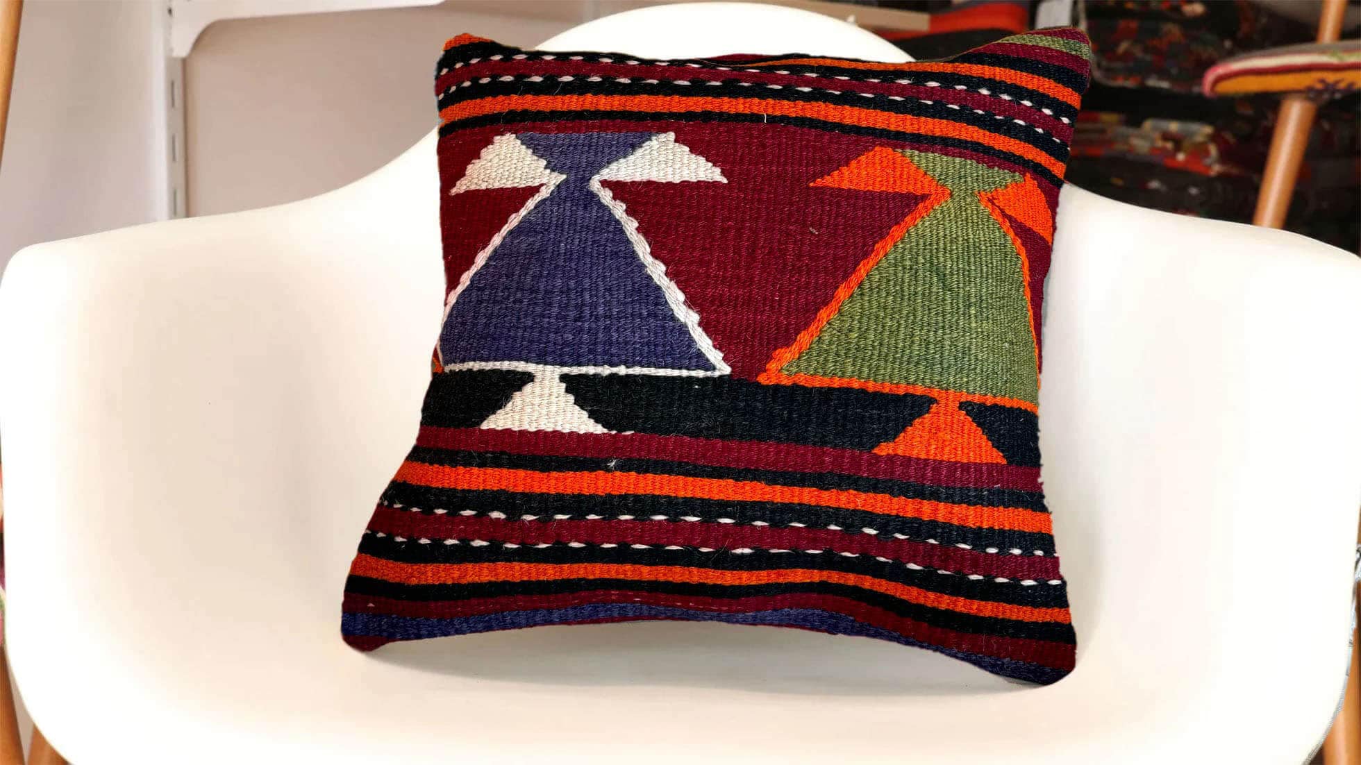 Vintage Handwoven Kilim Pillow with Tribal Motifs and Stripes from Kilim Couture's Kilim Pillow Collection