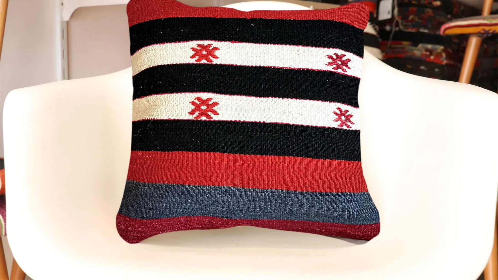 Vintage Handwoven Kilim Pillow with Red / Black / White Stripes & Motifs at Kilim Couture New York Rug Gallery