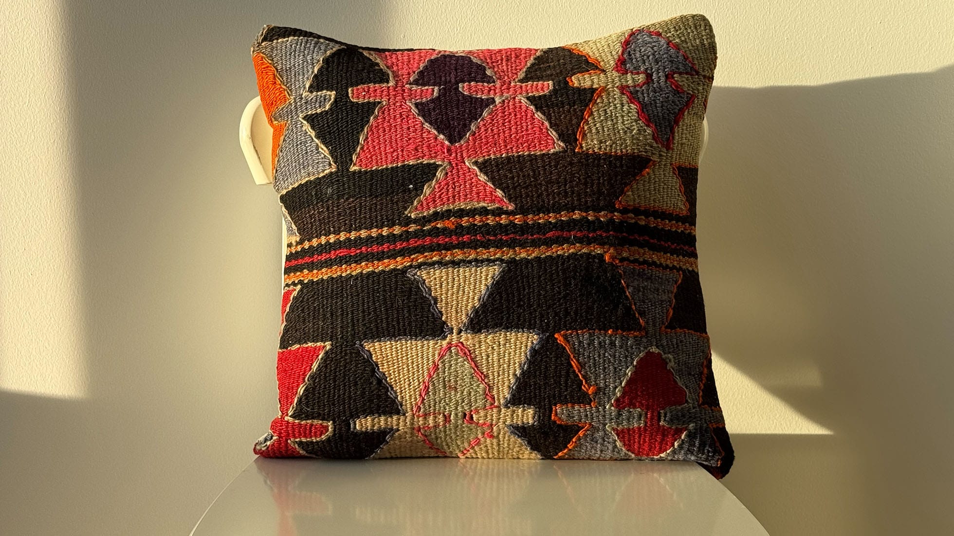 Vintage Decorative Kilim Pillow in Black, Pink, Cream