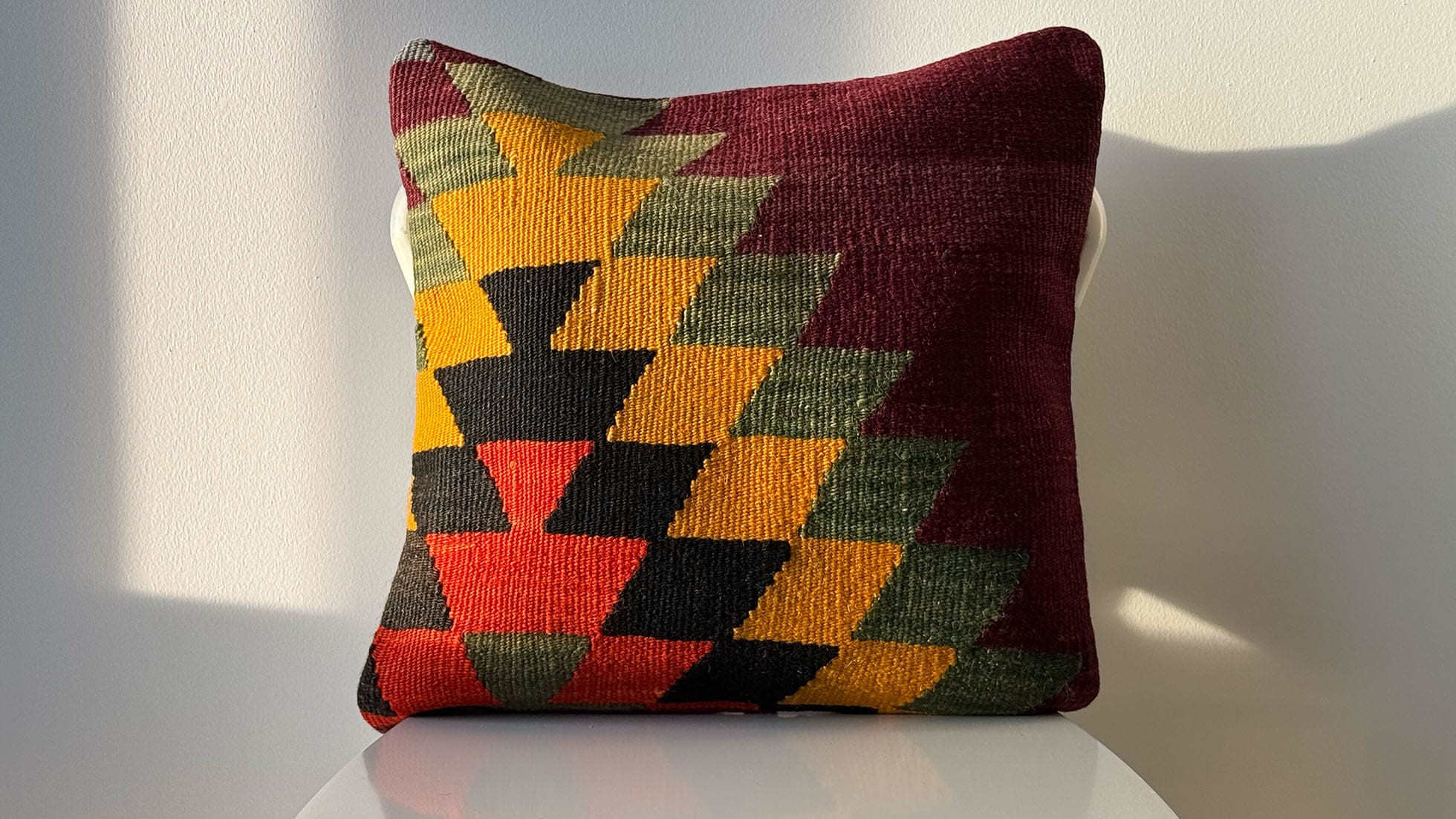 Decorative Vintage Handwoven Turkish Rug Pillow in Lozenge Patterns