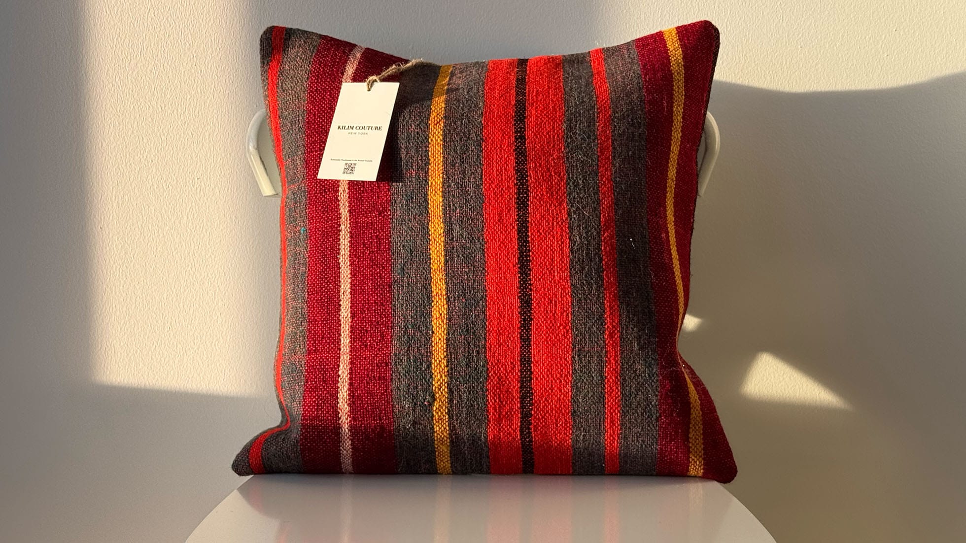 Mid-Century Decorative Striped Throw Pillow in Red, Blue, and Orange by Kilim Couture NYC