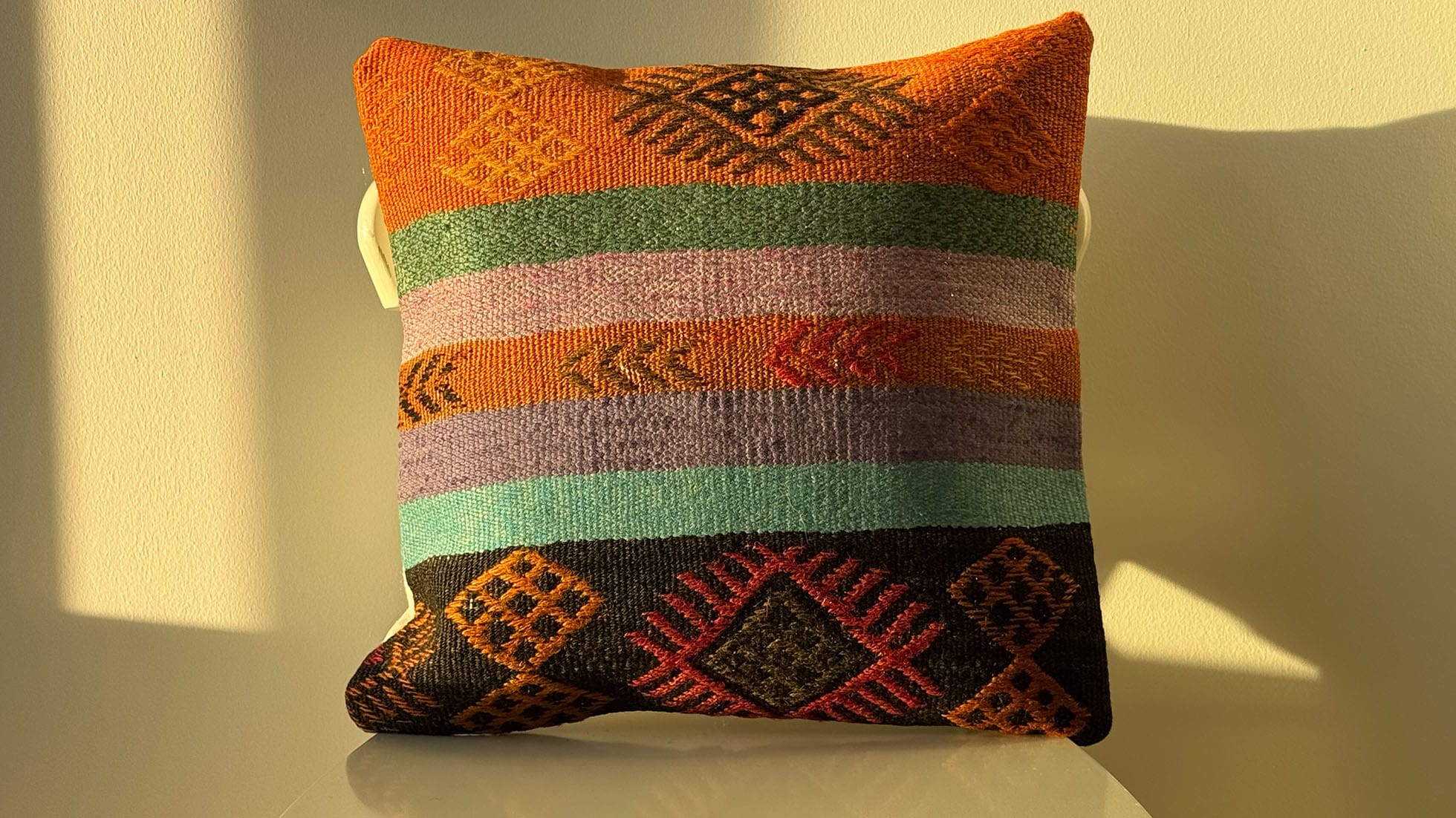 Vintage Handwoven Kilim Pillow in Pastel Rustic Tones by Kilim Couture New York Rug Store