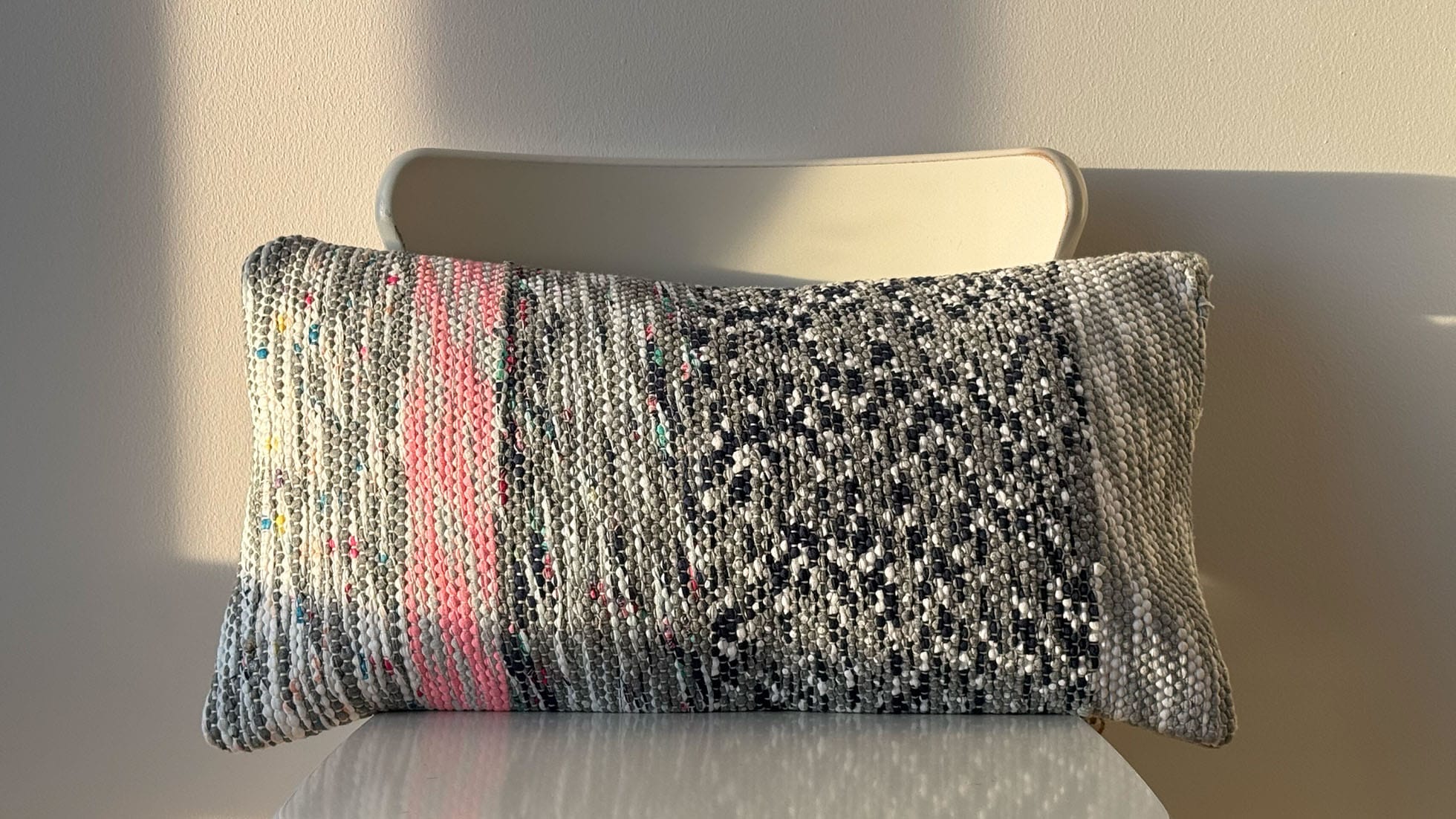 Rectangular Vintage Chaput Kilim Pillow in Grey, Pink, and Muted Black with Stripes