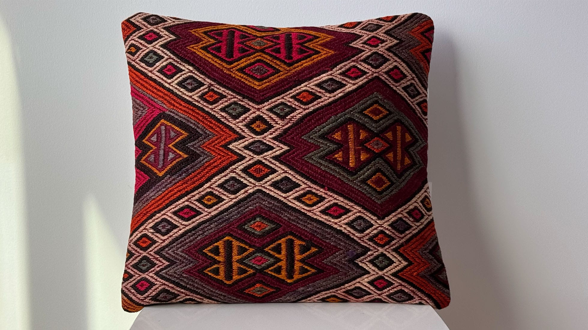 Vintage Handwoven Cecim Kilim Decorative Throw Pillow in Mustard Yellow, Burnt Orange, Slate Gray, Deep Auburn, and Ivory, featuring traditional Turkish geometric motifs, perfect as accent decor.