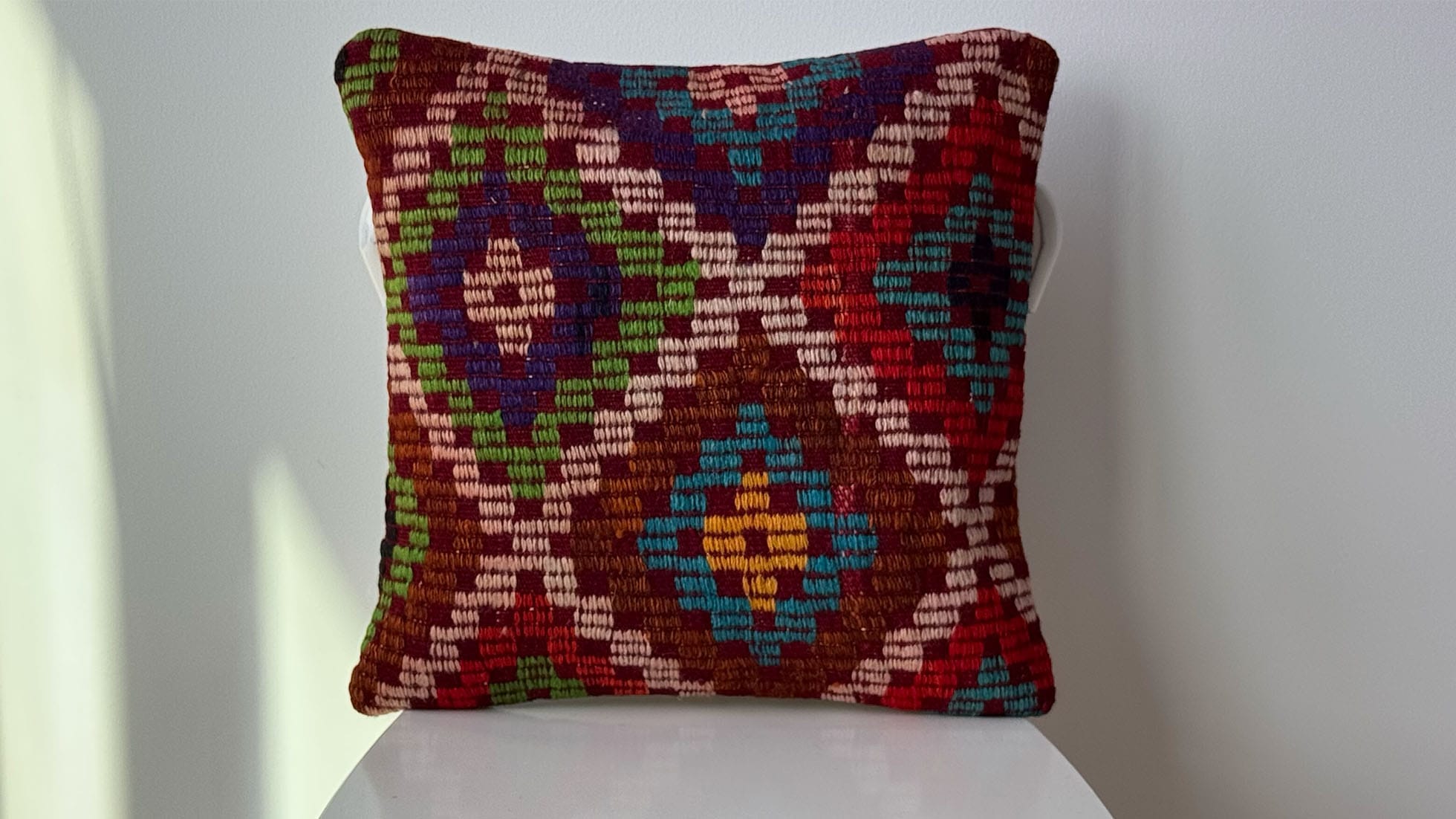 16x16 Vintage Handwoven Kilim Decorative Throw Pillow with Polychromatic Palette of Cream, Blue, Green, Orange, Red, and Purple, showcasing intricate Turkish cecim embroidery-style weaving.