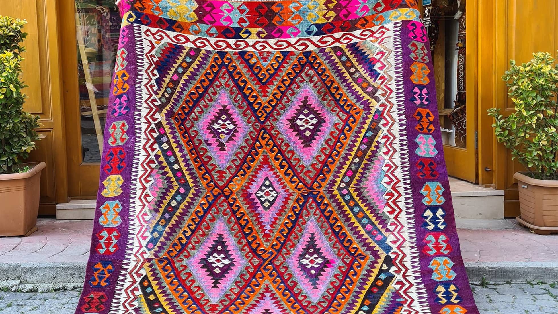 Polychromatic Vintage Turkish Rug with geometric patterns