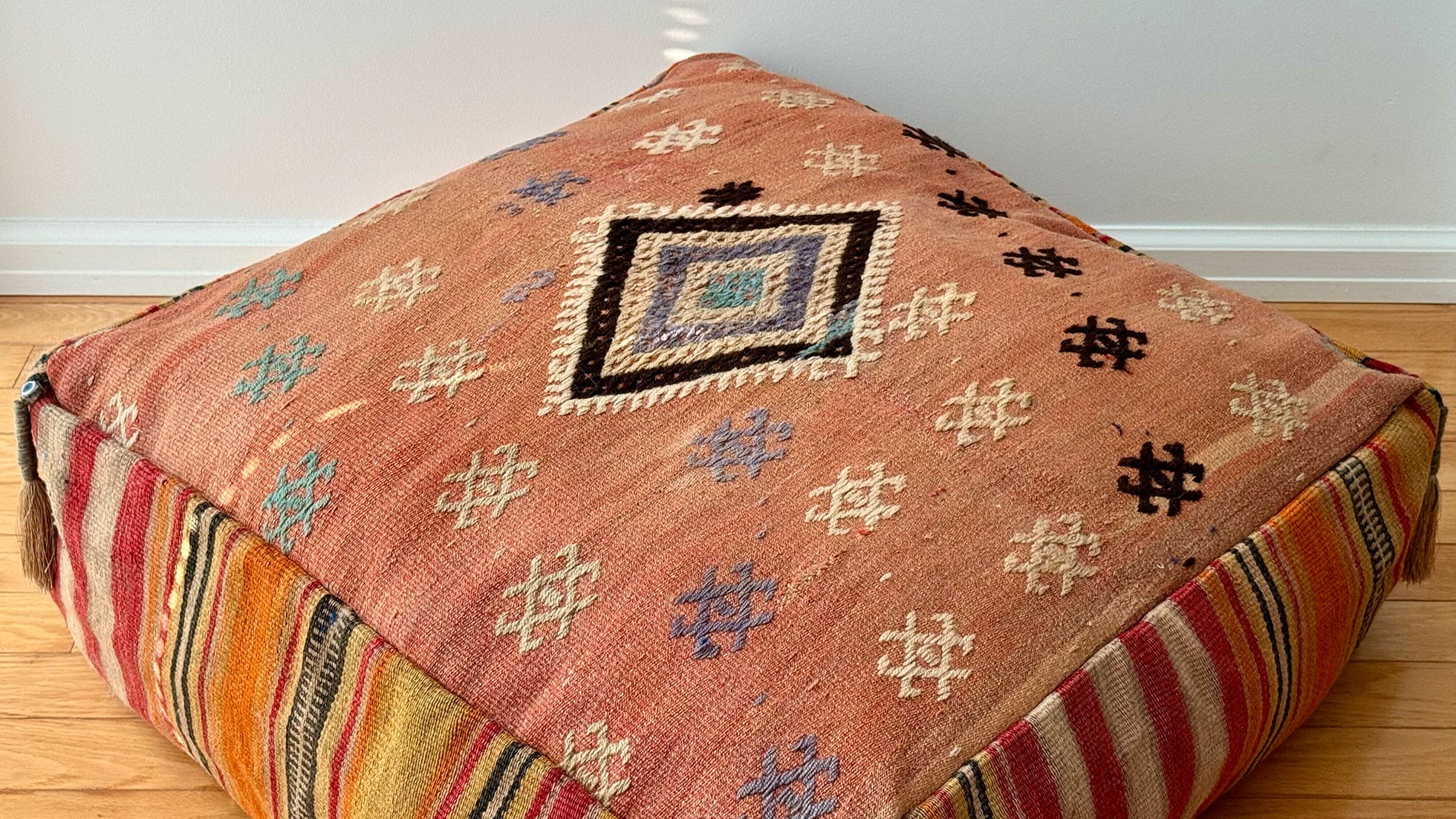 MCM Striped Kilim Ottoman in Salmon with Geometric Motifs 