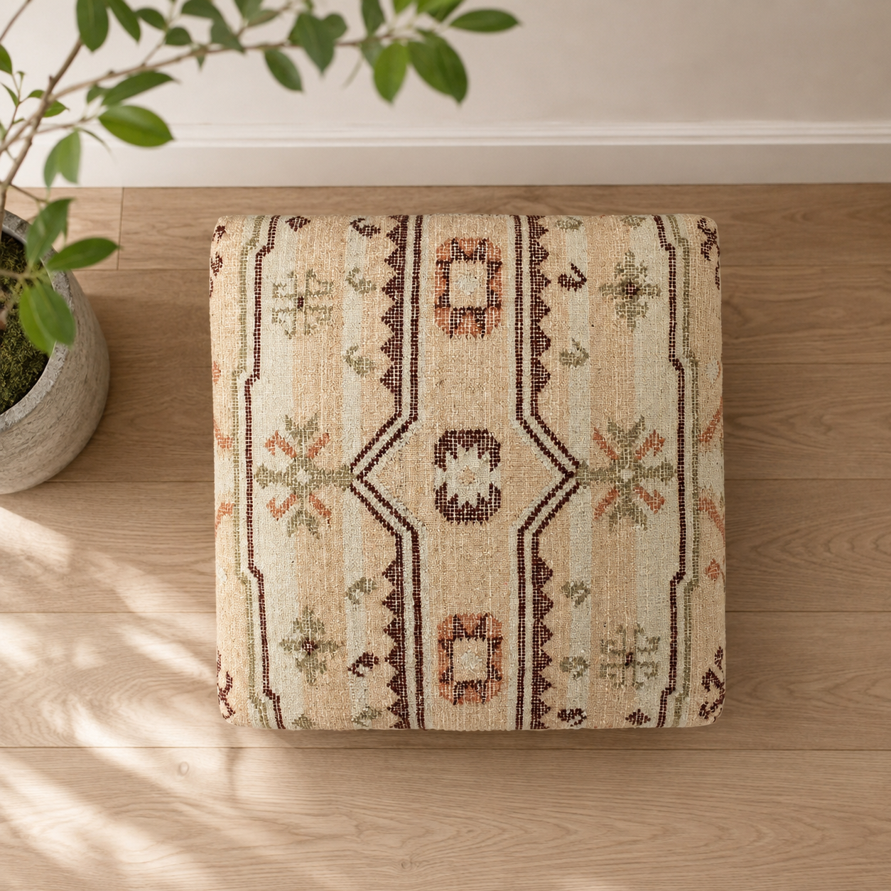 kilim upholstered coffee table ottoman in pastel neutral tones