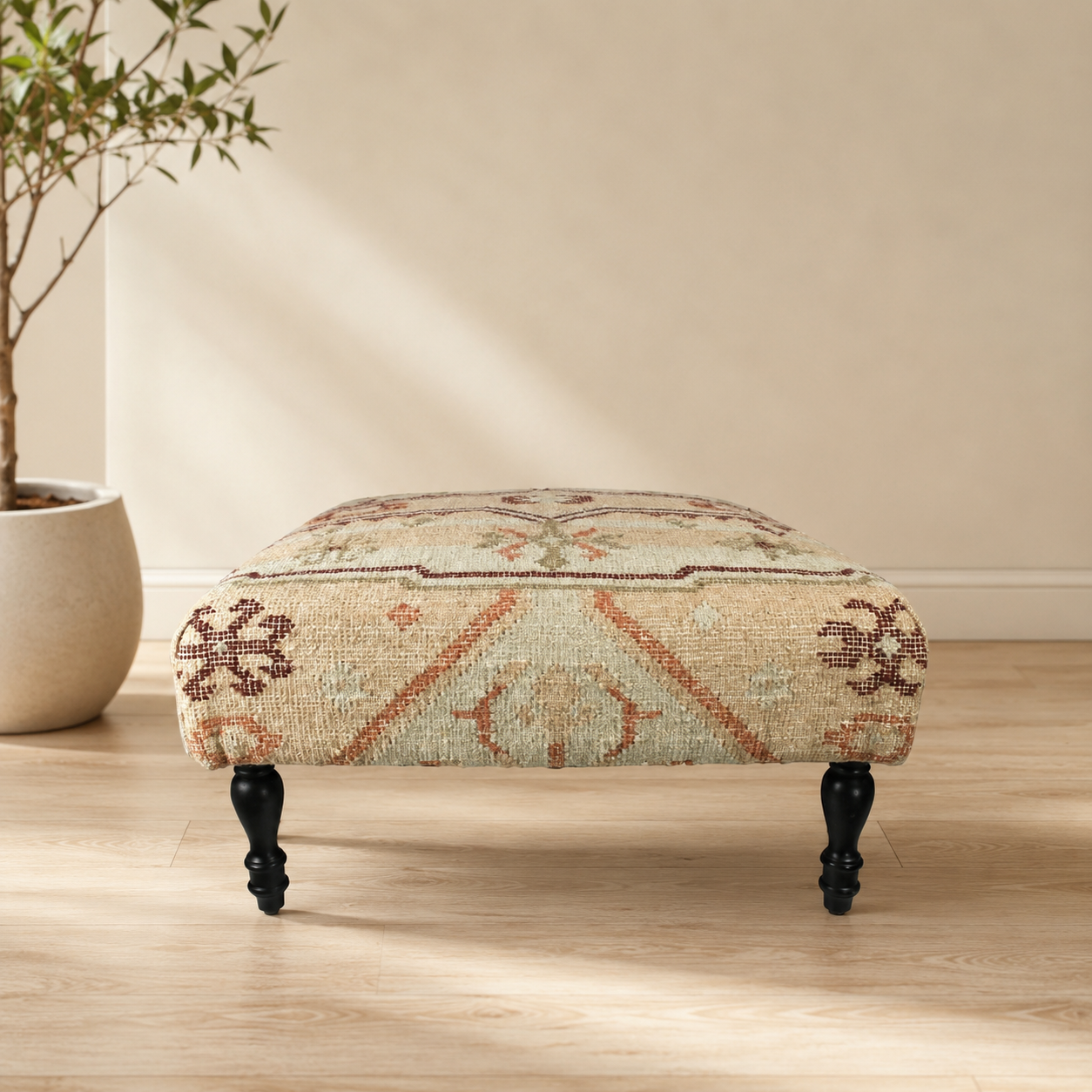 square kilim ottoman footstool with wood legs in ivory tones