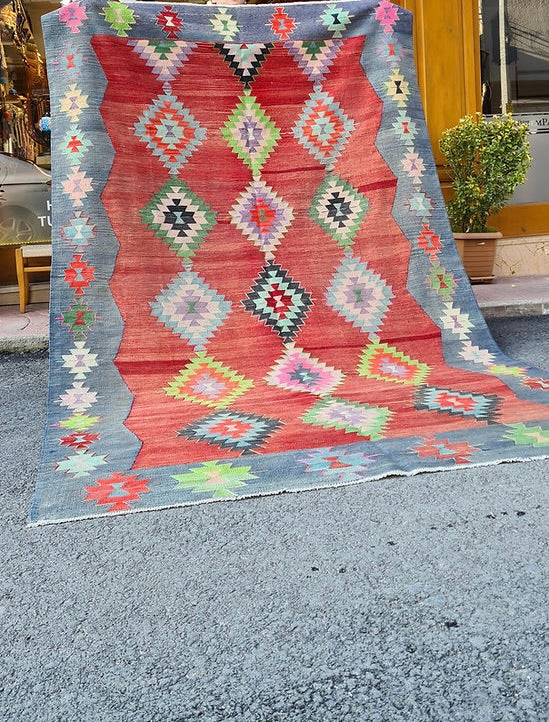 Vintage Handwoven Turkish Large Area Rug in Red and Blue